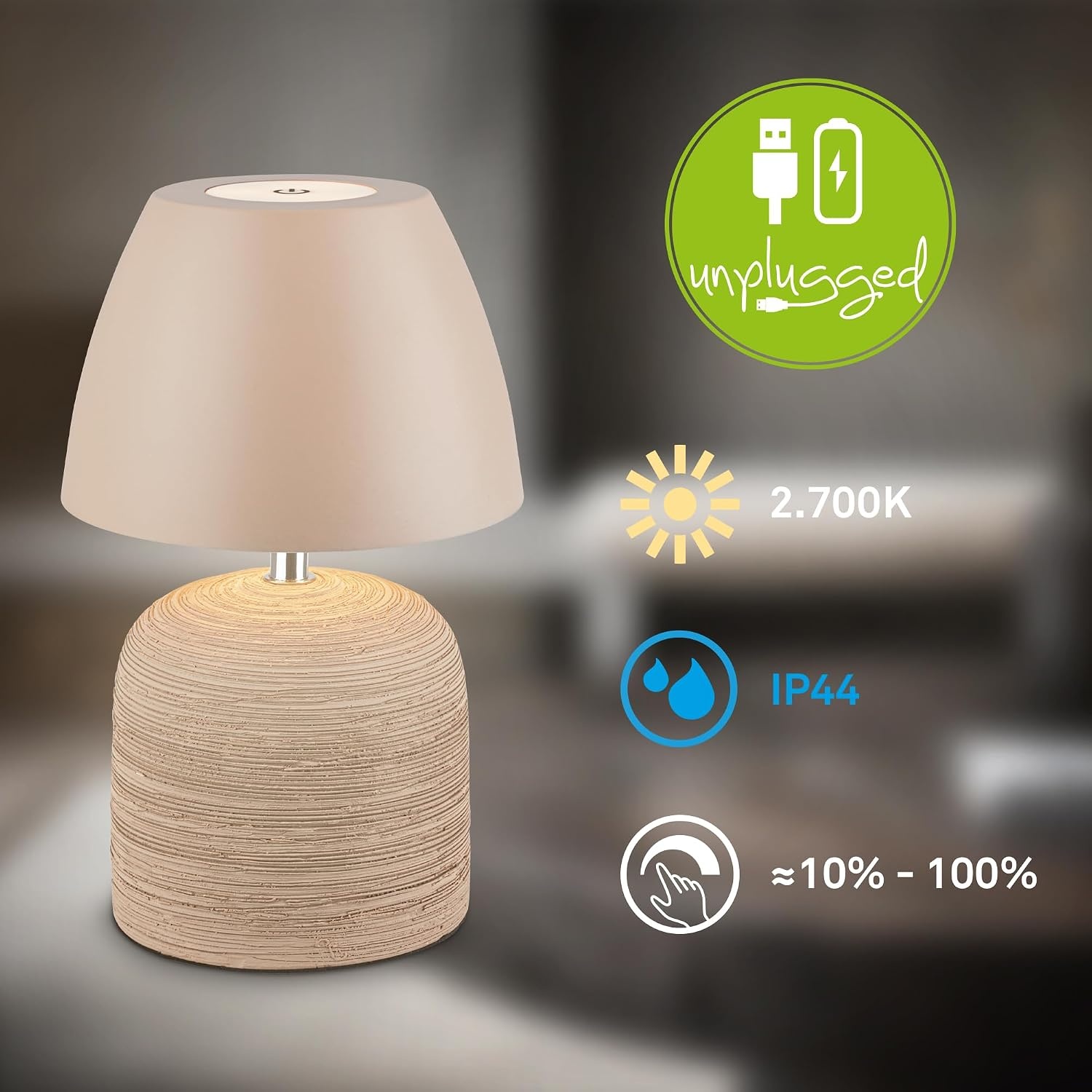 BRILONER - Led-tafellamp, draadloos, IP44 met touch, dimbaar, keramische voet, bedlampje, leeslamp, led-lamp, decoratieve lamp, tafellamp, acculamp, buitenlamp, 13,5 x 22 cm, beige