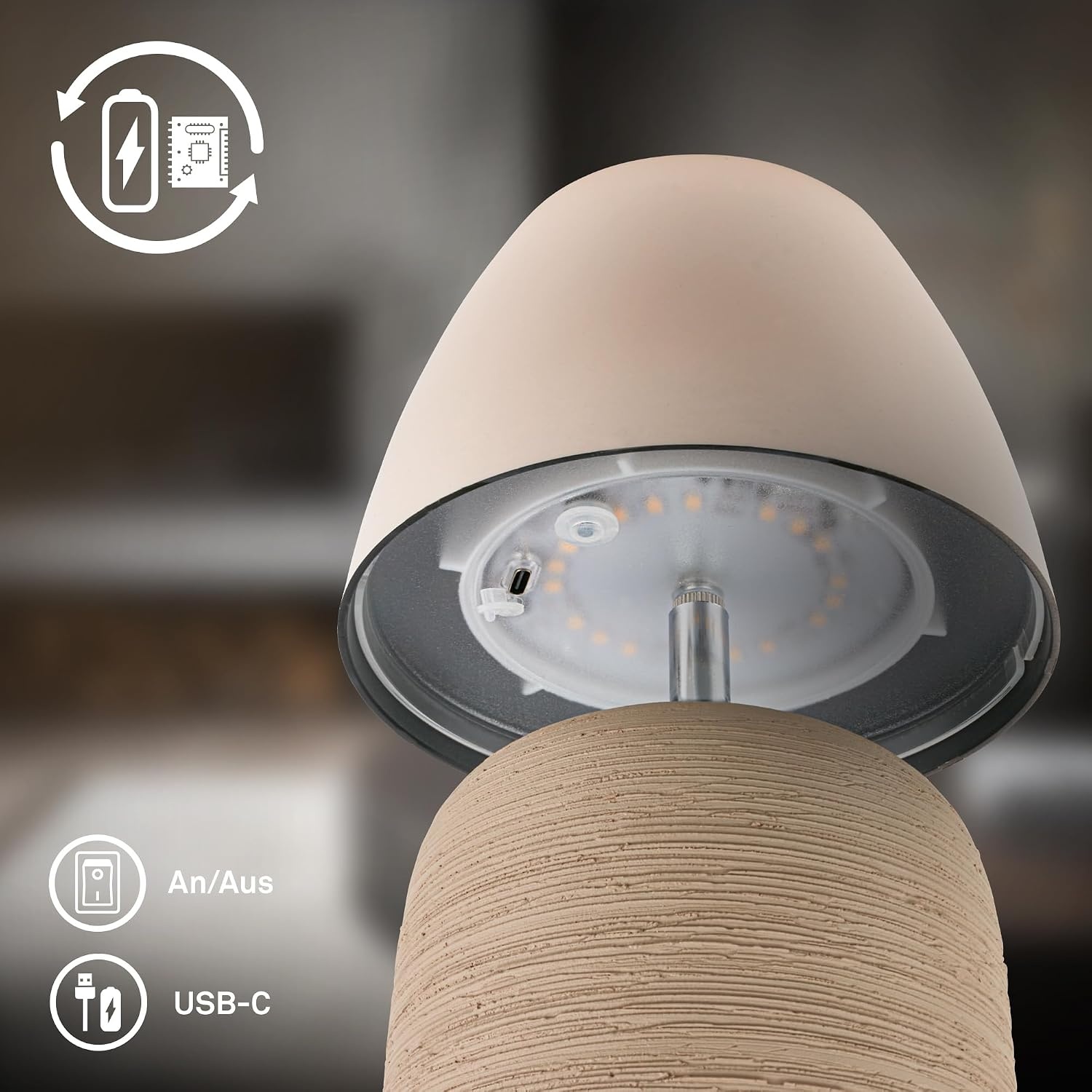 BRILONER - Led-tafellamp, draadloos, IP44 met touch, dimbaar, keramische voet, bedlampje, leeslamp, led-lamp, decoratieve lamp, tafellamp, acculamp, buitenlamp, 13,5 x 22 cm, beige