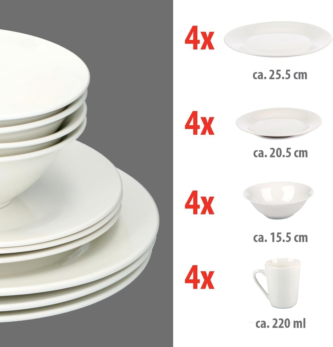 alpina Serviesset 16-Delig - Bordenset Diner 4 Persoons - Aardewerk Servies - Dinerborden, Dessertborden, Kommen en Mokken - Magnetron en Vaatwasser Bestendig - Wit