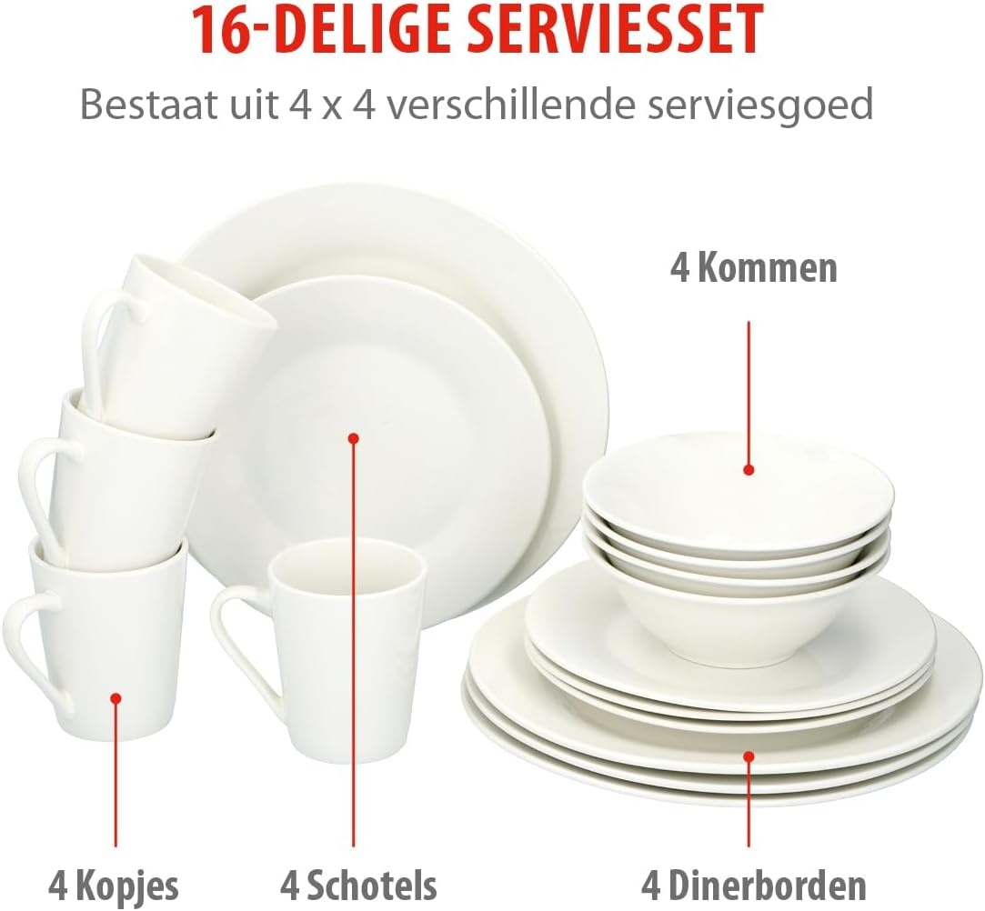 alpina Serviesset 16-Delig - Bordenset Diner 4 Persoons - Aardewerk Servies - Dinerborden, Dessertborden, Kommen en Mokken - Magnetron en Vaatwasser Bestendig - Wit