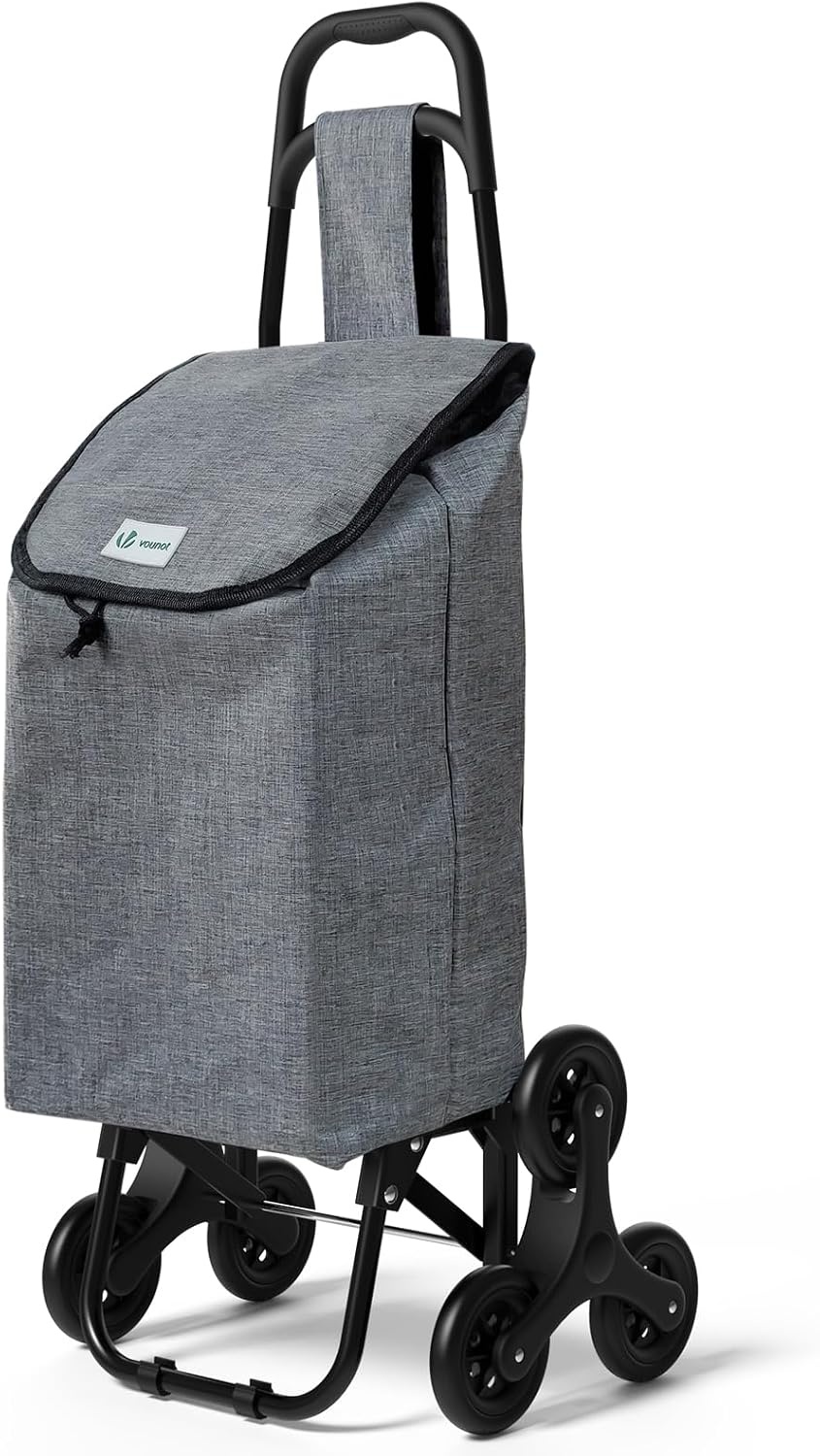 VOUNOT Boodschappentrolley met 6 wielen met waterdicht vak, opvouwbare marktwagen, 2-in-1, tas van Oxford, trolley, trap, grijs
