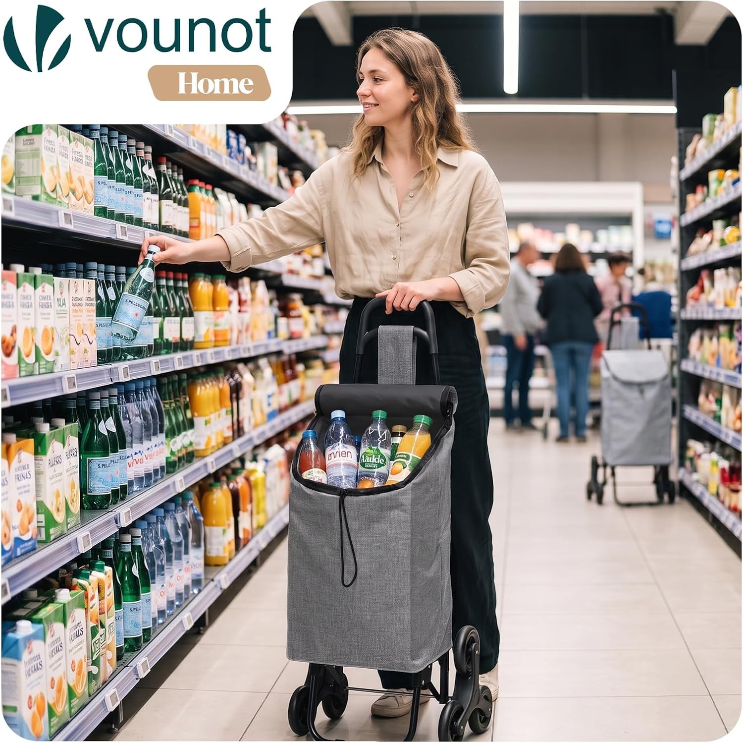 VOUNOT Boodschappentrolley met 6 wielen met waterdicht vak, opvouwbare marktwagen, 2-in-1, tas van Oxford, trolley, trap, grijs