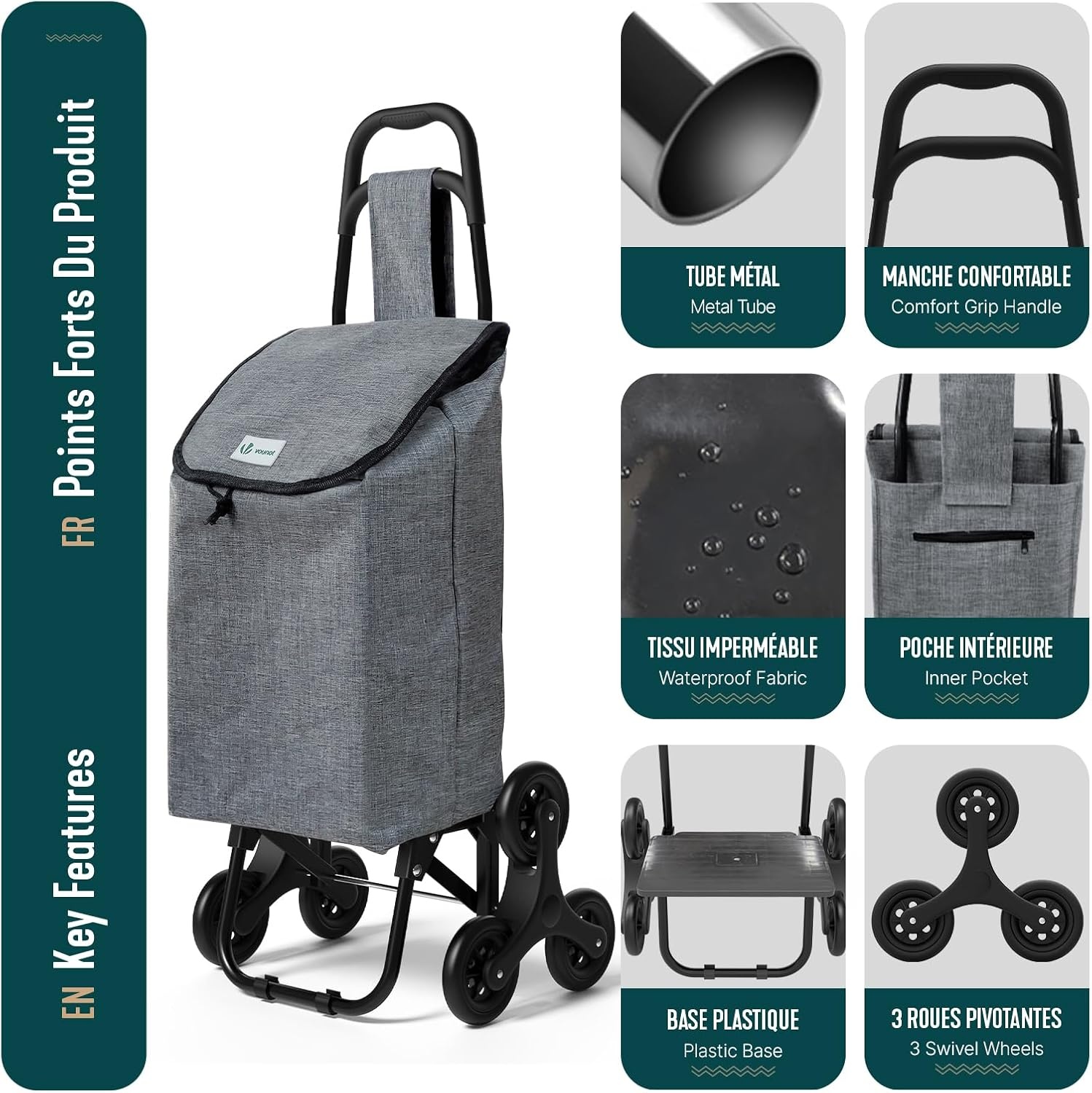 VOUNOT Boodschappentrolley met 6 wielen met waterdicht vak, opvouwbare marktwagen, 2-in-1, tas van Oxford, trolley, trap, grijs