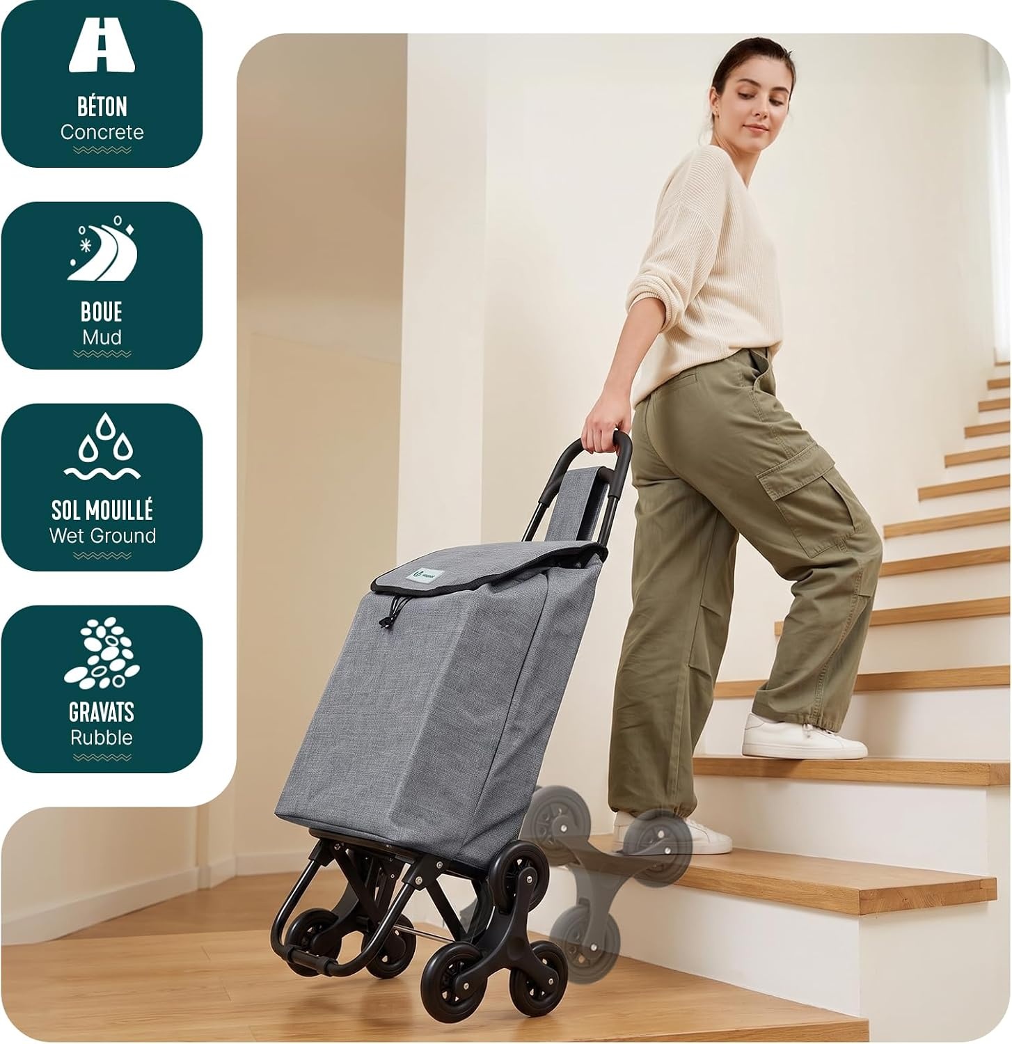 VOUNOT Boodschappentrolley met 6 wielen met waterdicht vak, opvouwbare marktwagen, 2-in-1, tas van Oxford, trolley, trap, grijs