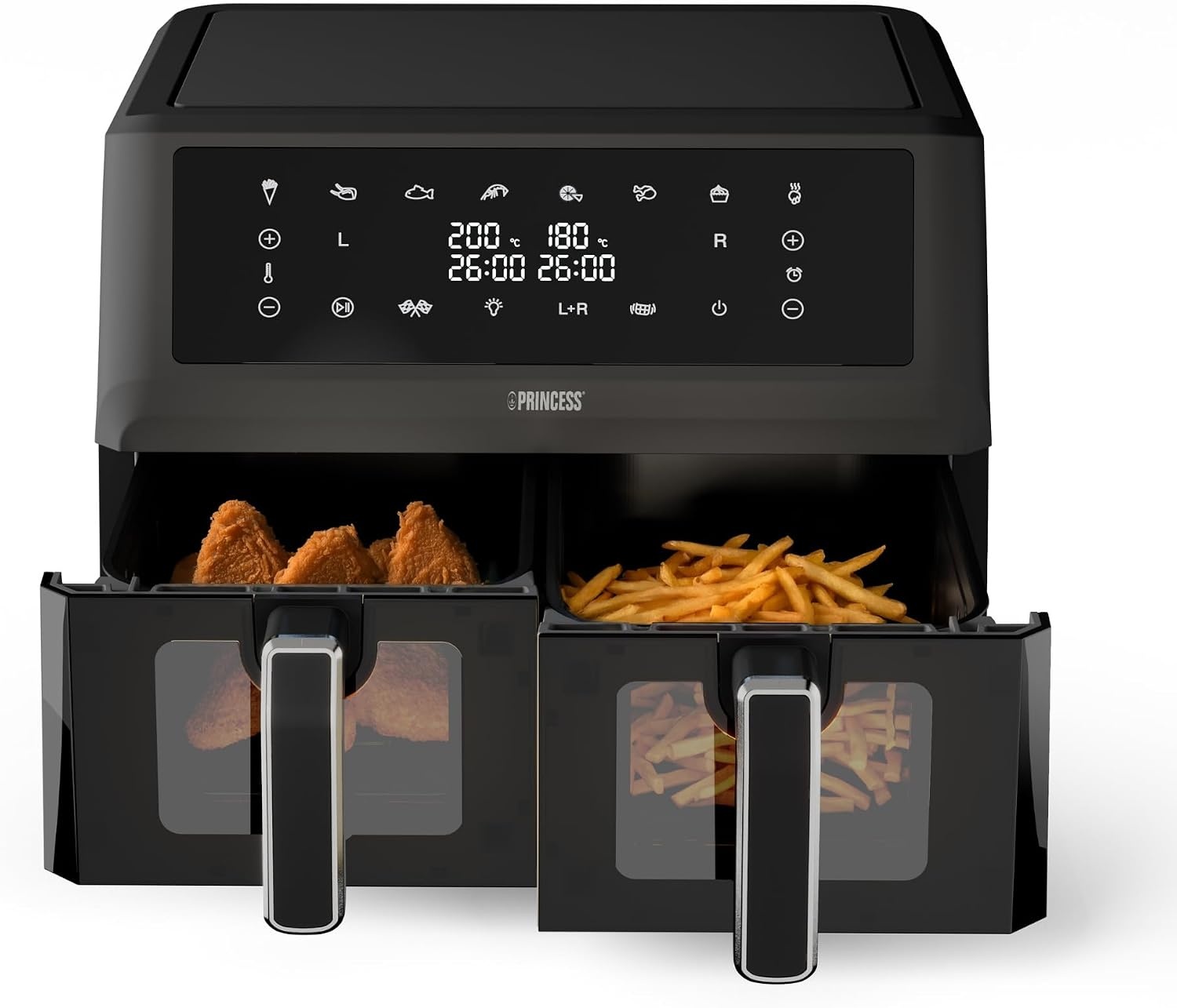 Princess XXL airfryer met dubbele mand - 11 L - BPA- en PFAS-vrij - Gesynchroniseerd kookuiteinde - 8 programma's - Kijkvenster - 2400 W - 182276