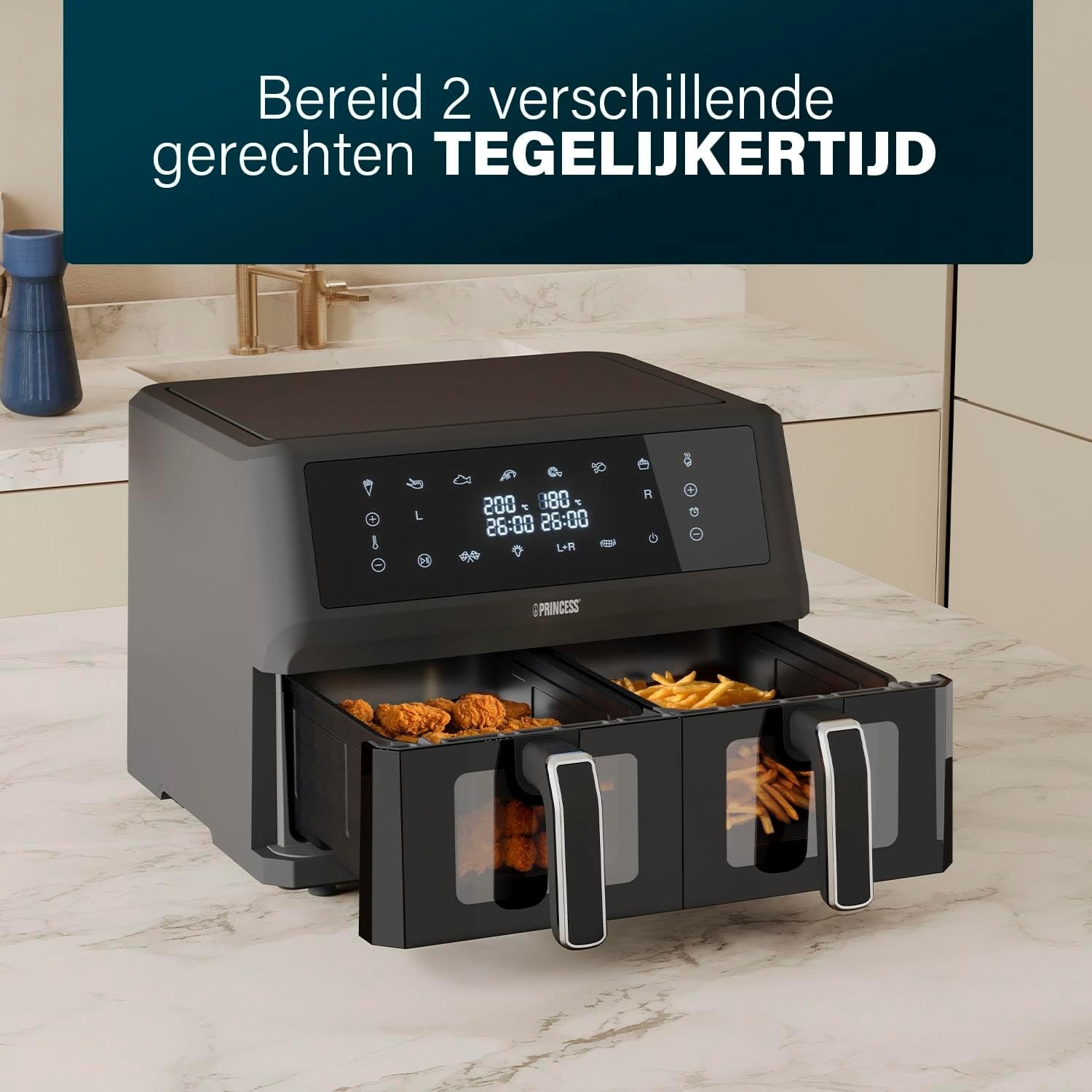 Princess XXL airfryer met dubbele mand - 11 L - BPA- en PFAS-vrij - Gesynchroniseerd kookuiteinde - 8 programma's - Kijkvenster - 2400 W - 182276