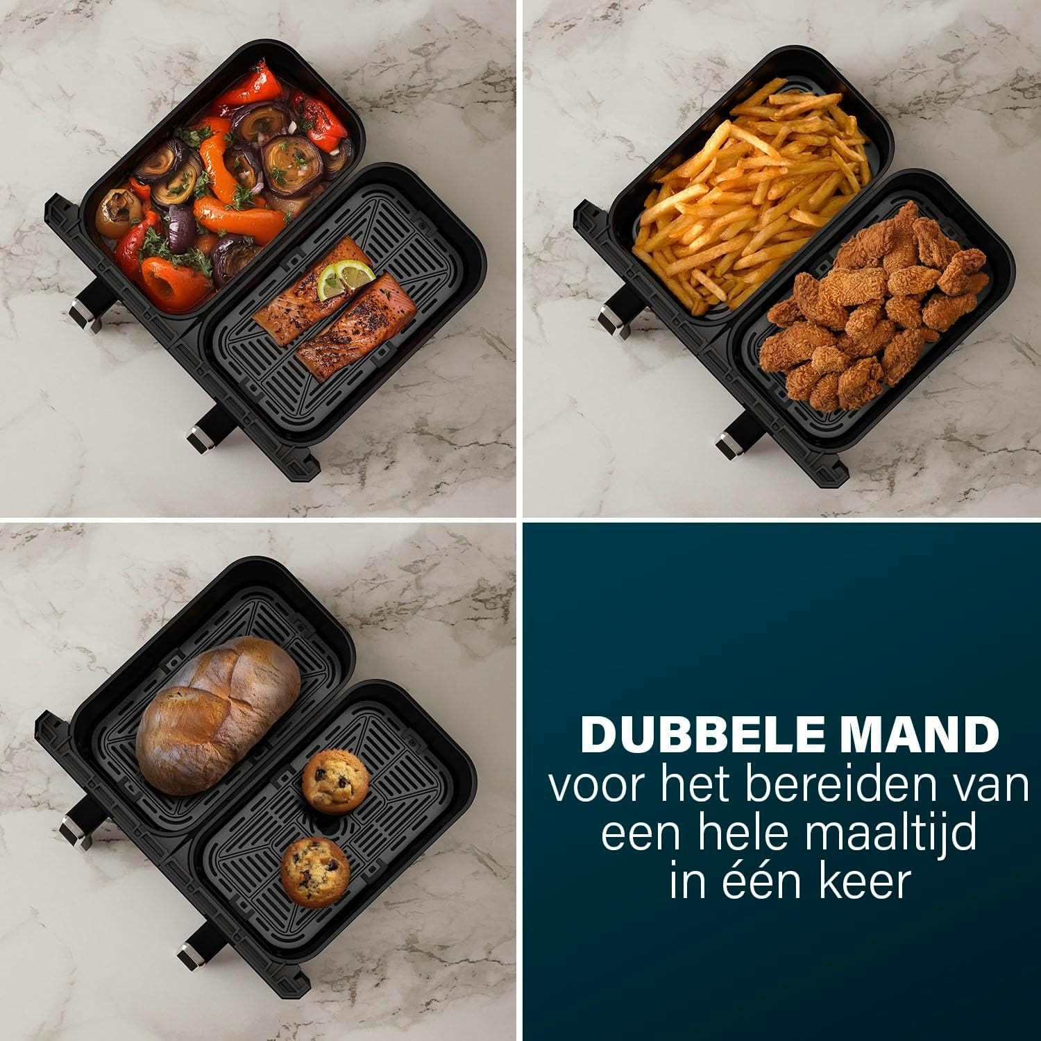 Princess XXL airfryer met dubbele mand - 11 L - BPA- en PFAS-vrij - Gesynchroniseerd kookuiteinde - 8 programma's - Kijkvenster - 2400 W - 182276
