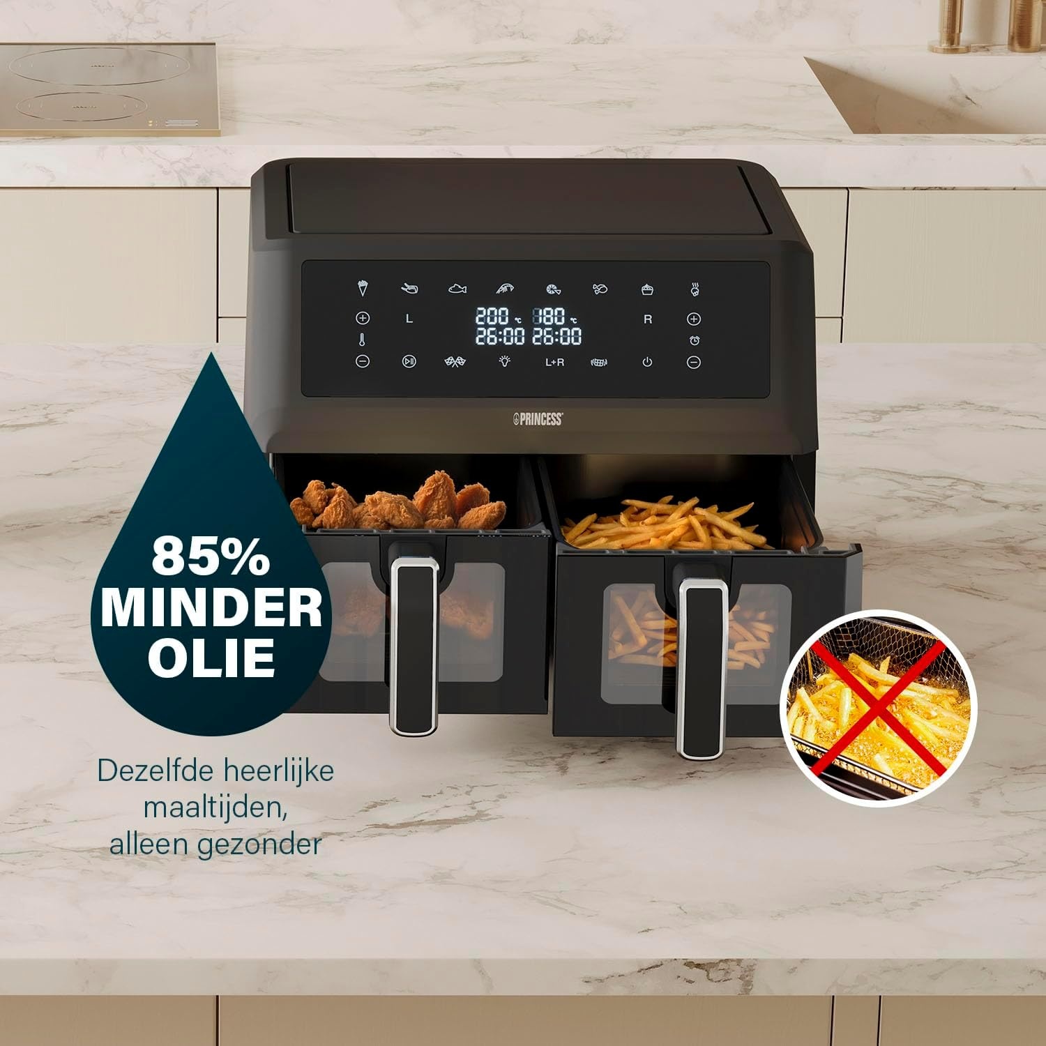 Princess XXL airfryer met dubbele mand - 11 L - BPA- en PFAS-vrij - Gesynchroniseerd kookuiteinde - 8 programma's - Kijkvenster - 2400 W - 182276