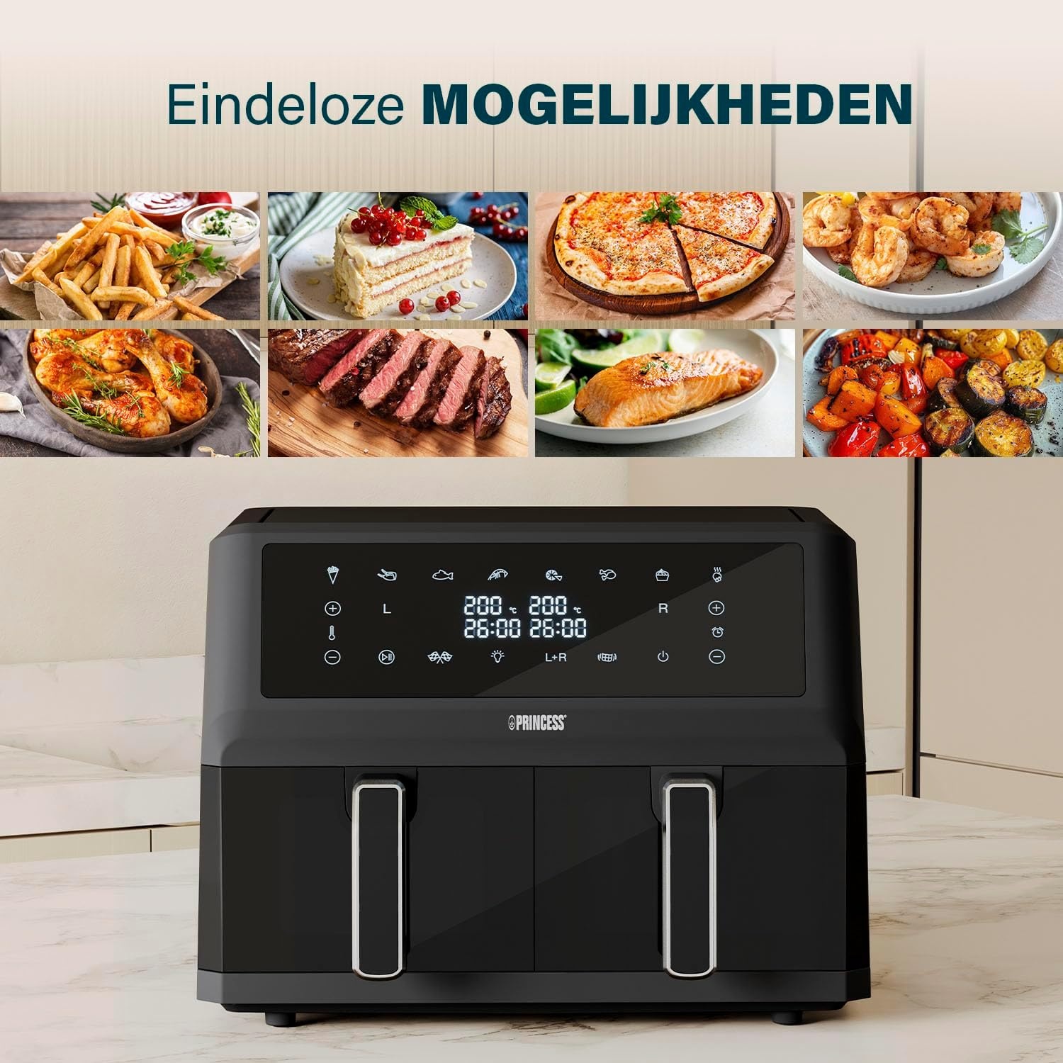 Princess XXL airfryer met dubbele mand - 11 L - BPA- en PFAS-vrij - Gesynchroniseerd kookuiteinde - 8 programma's - Kijkvenster - 2400 W - 182276