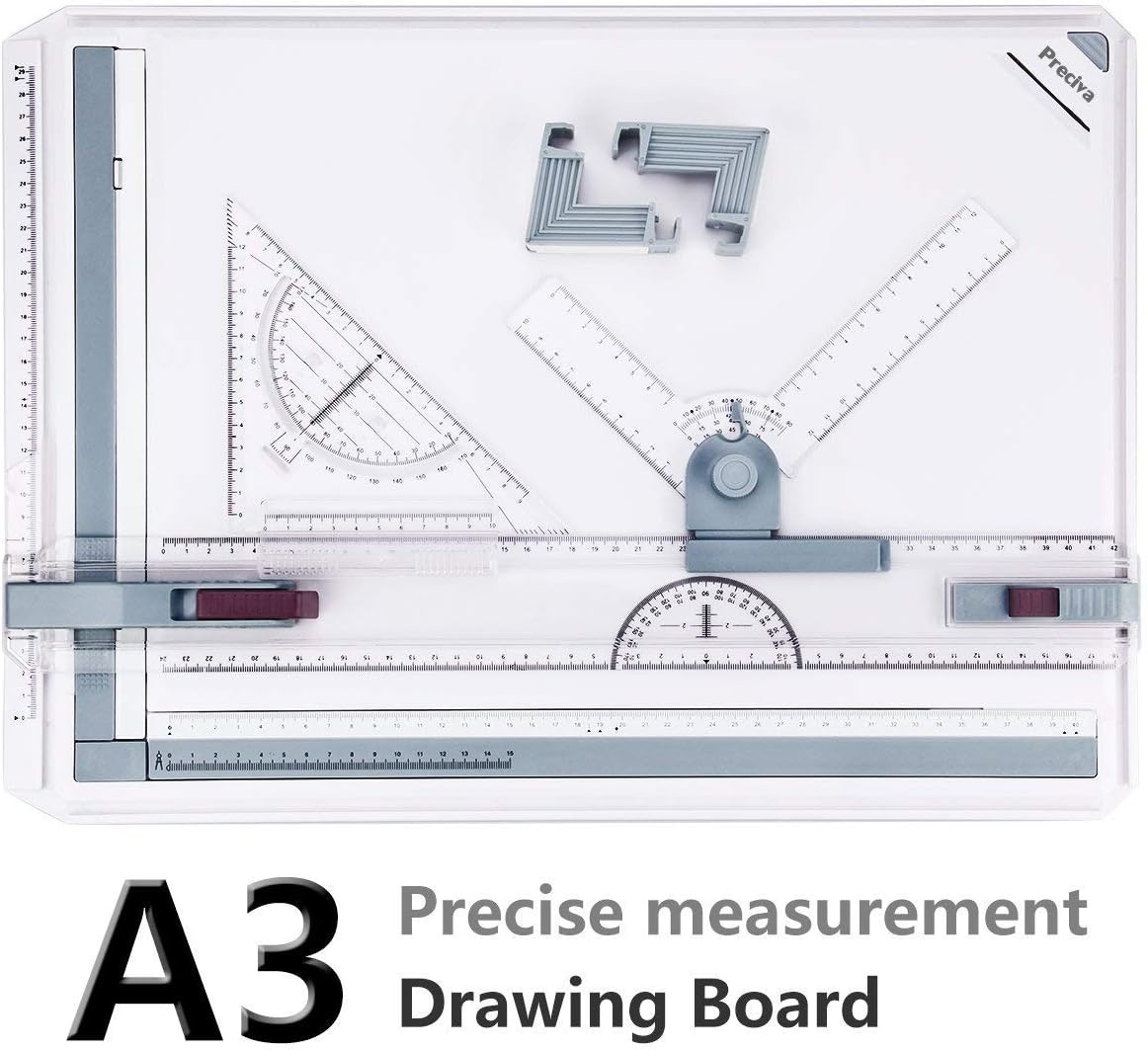 Preciva A3 tekentafel, A3 tekentafel, technische tekentafel metrisch systeem 51 x 36,5 cm, multifunctioneel tekentafelgereedschap met parallelle bewegingsaccessoires, verstelbare hoek