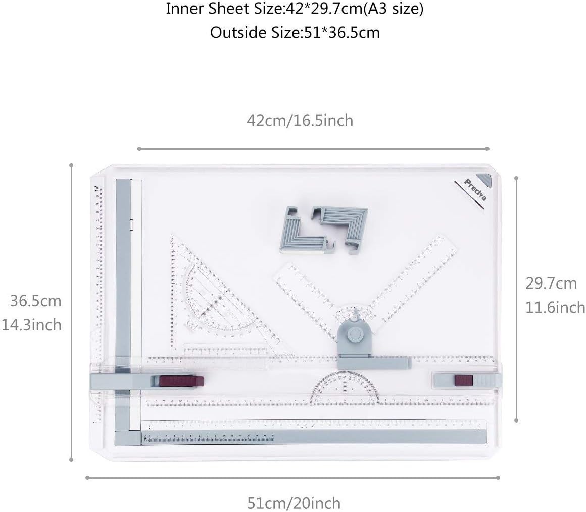 Preciva A3 tekentafel, A3 tekentafel, technische tekentafel metrisch systeem 51 x 36,5 cm, multifunctioneel tekentafelgereedschap met parallelle bewegingsaccessoires, verstelbare hoek