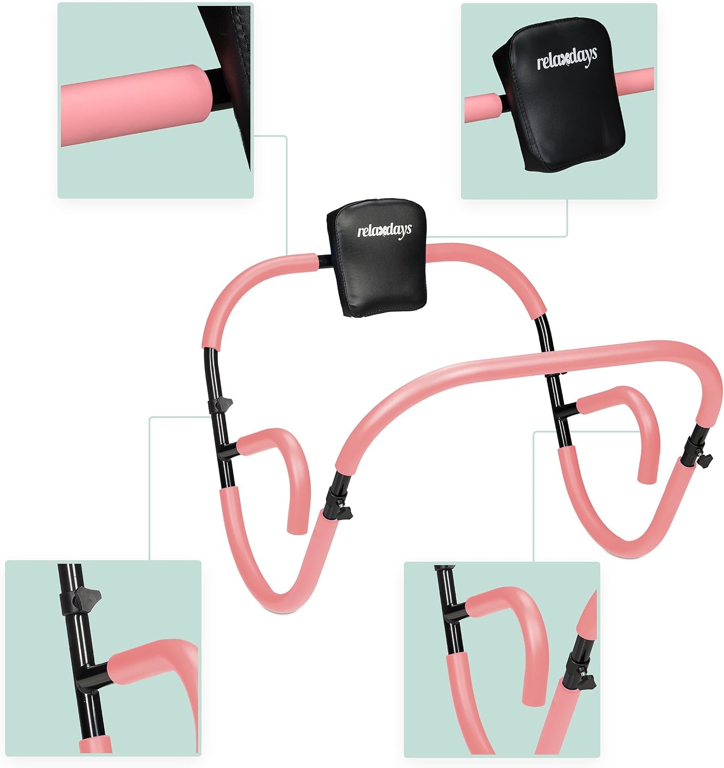 Relaxdays buikspiertrainer, AB-trainer met hoofdkussen, 2 handgrepen, HxBxD: 66 x 71 x 71 cm, voor thuis, roze/zwart
