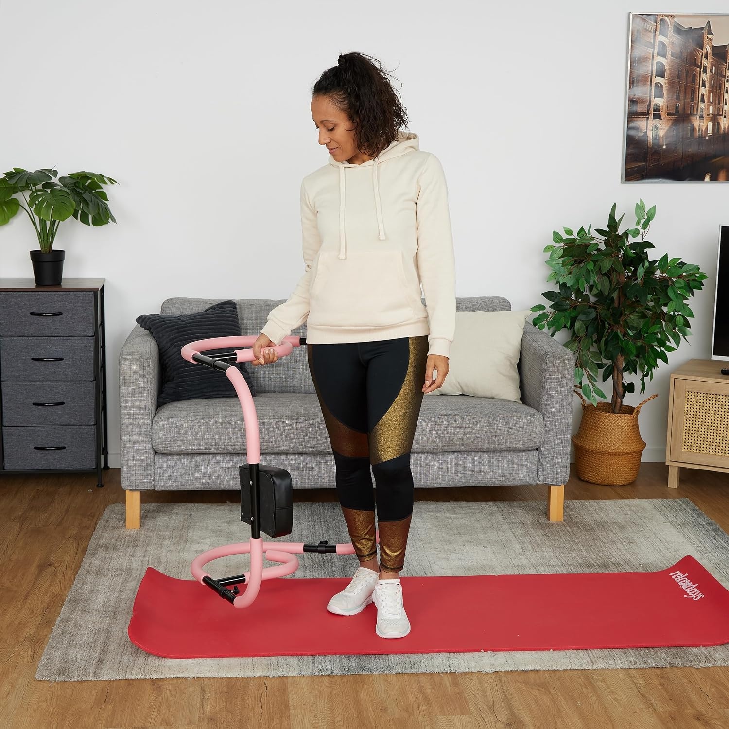 Relaxdays buikspiertrainer, AB-trainer met hoofdkussen, 2 handgrepen, HxBxD: 66 x 71 x 71 cm, voor thuis, roze/zwart