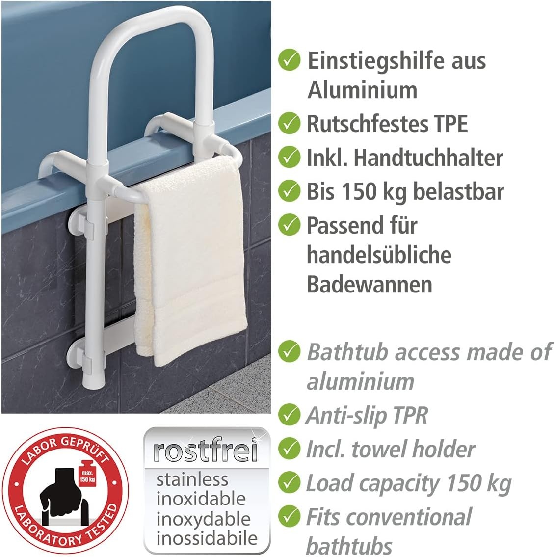 WENKO Secura Badinstaphulp - 150 kg draagvermogen - Aluminium - Wit