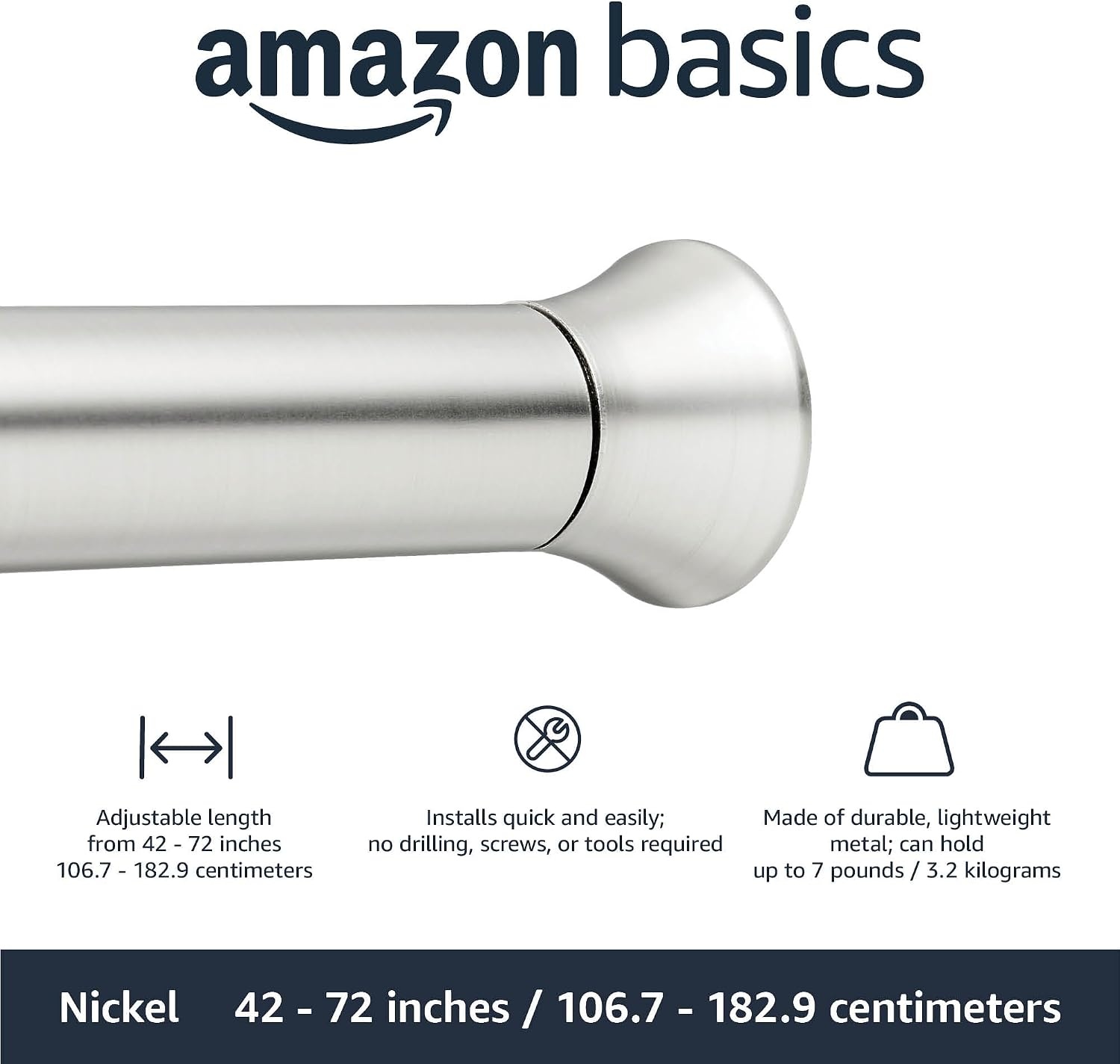 Amazon Basics Verstelbare Douchegordijnroede - Nikkel - 107 tot 185 cm