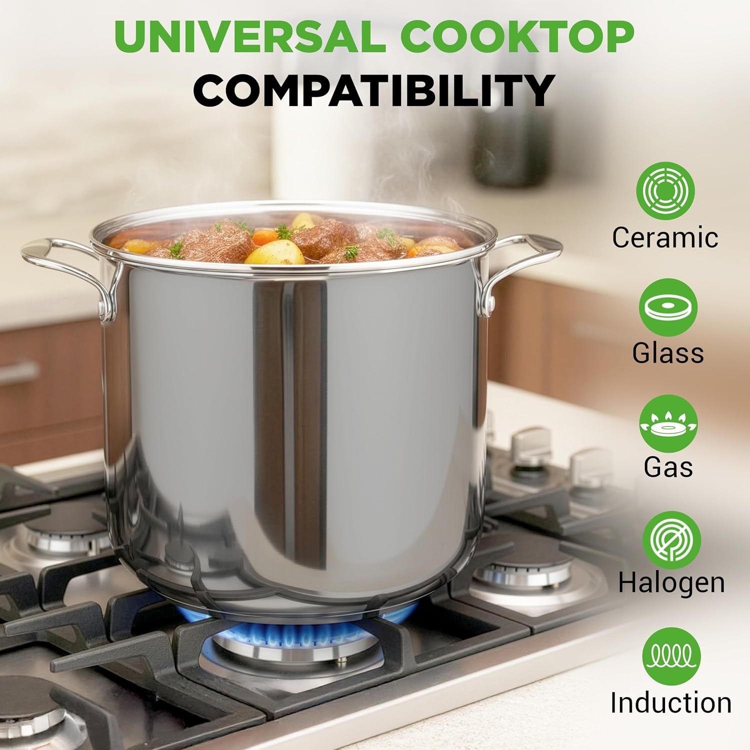 NutriChef 19-Quart Roestvrijstalen Stockpot - 18/8 Voedselveilige Zware Inductie Grote Stoofpot, Simmerpot, Soeppot met Doorzichtig Deksel, Vaatwasmachinebestendig - NutriChef NCSP20 - Maat 18 L