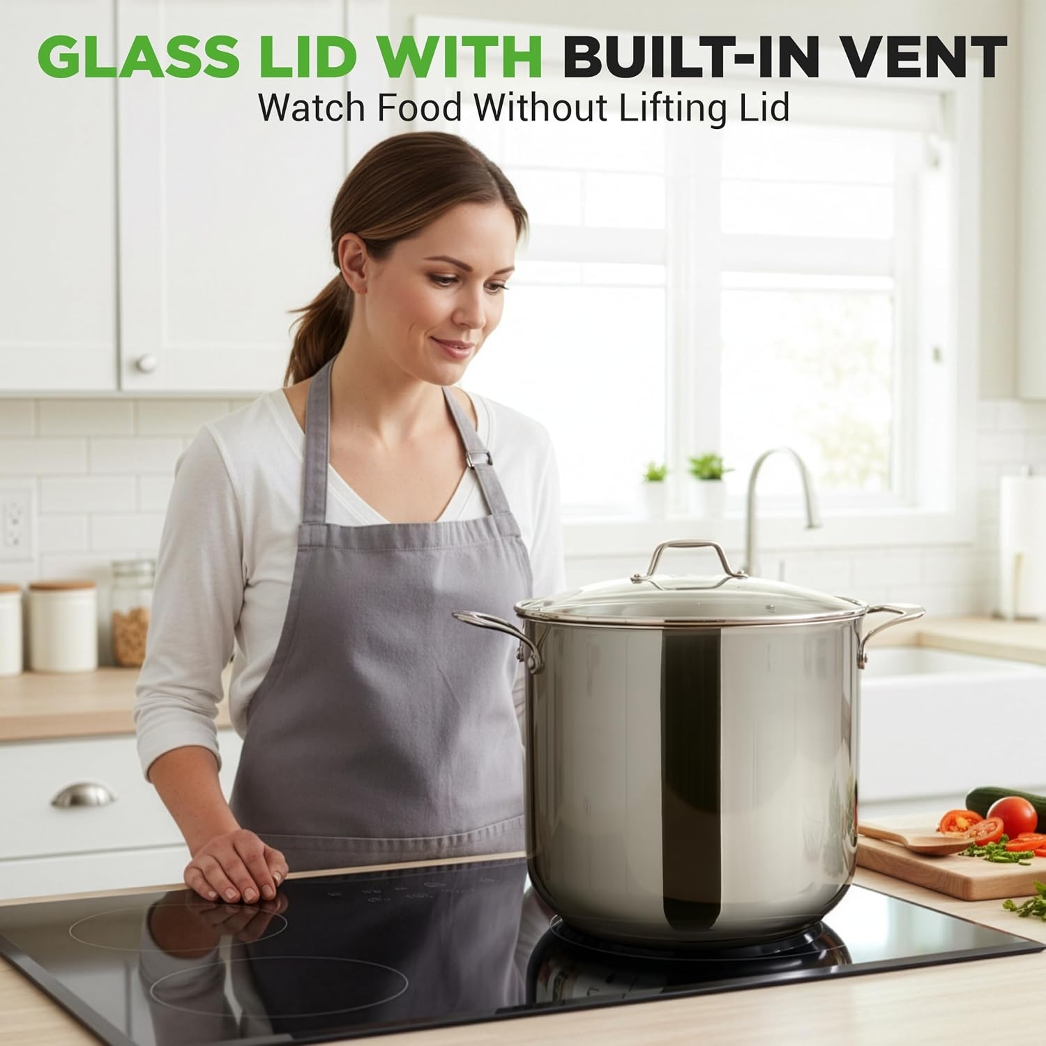 NutriChef 19-Quart Roestvrijstalen Stockpot - 18/8 Voedselveilige Zware Inductie Grote Stoofpot, Simmerpot, Soeppot met Doorzichtig Deksel, Vaatwasmachinebestendig - NutriChef NCSP20 - Maat 18 L