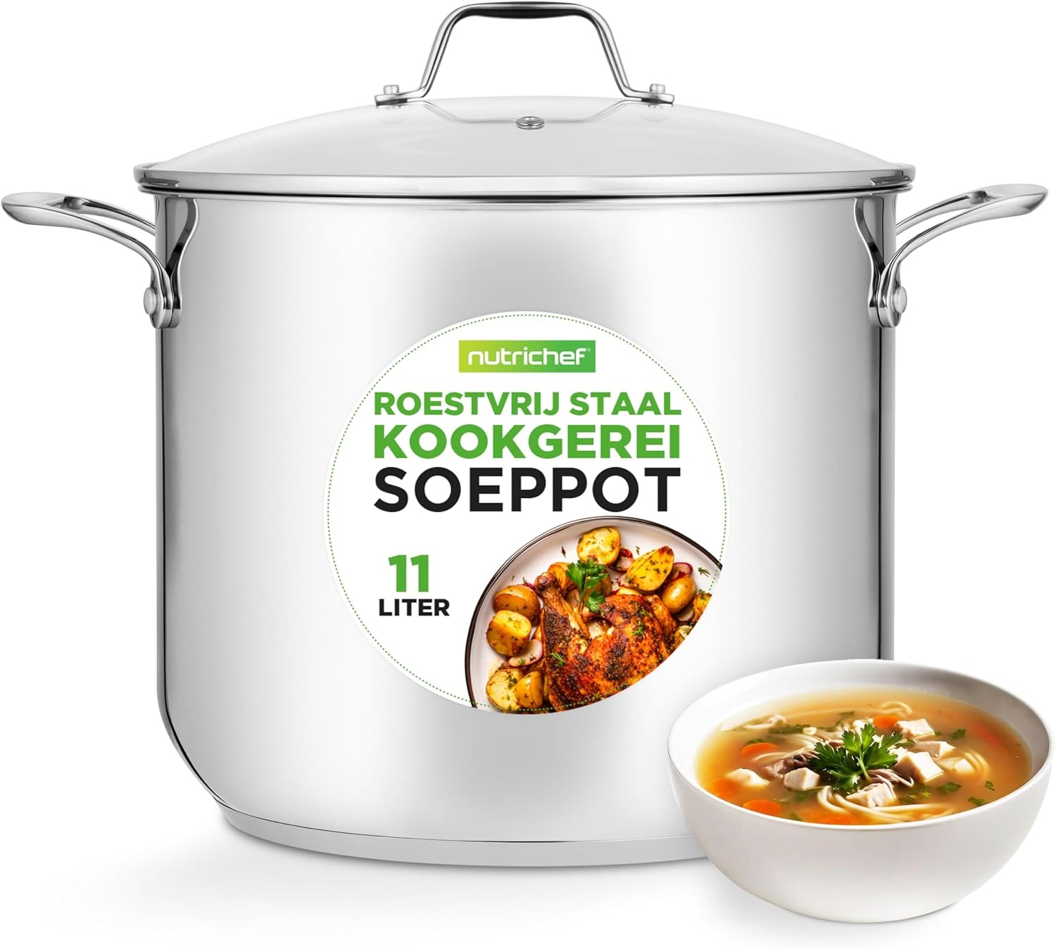 NutriChef 19-Quart Roestvrijstalen Stockpot - 18/8 Voedselveilige Zware Inductie Grote Stoofpot, Simmerpot, Soeppot met Doorzichtig Deksel, Vaatwasmachinebestendig - NutriChef NCSP20 - Maat 18 L