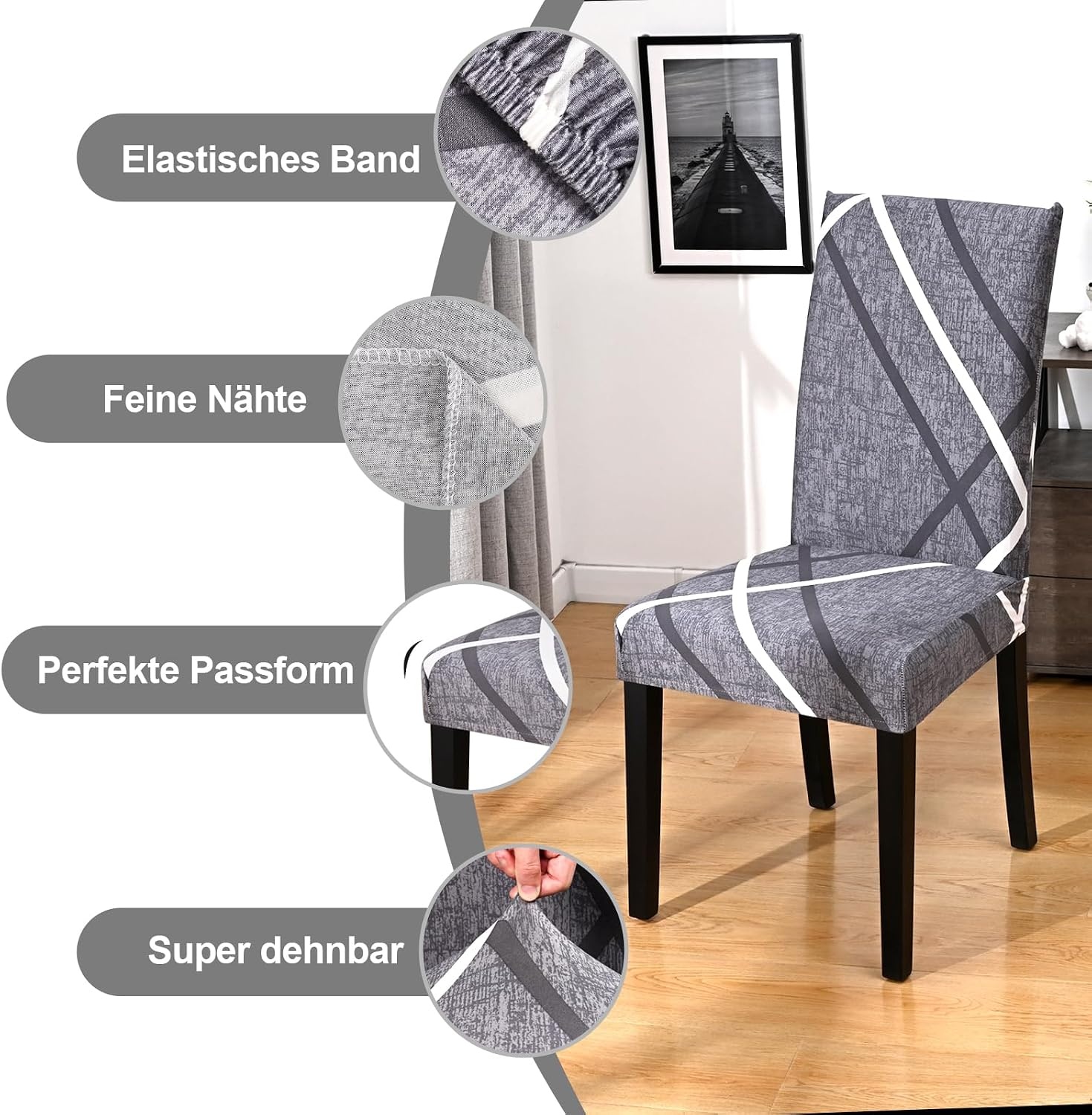 Alishomtll Set van 4/6 rekbare stoelhoezen voor schommelstoelen, afneembaar en wasbaar, bescherming voor eetkamerstoelen, keuken, restaurant, hotel, banket (grijs)