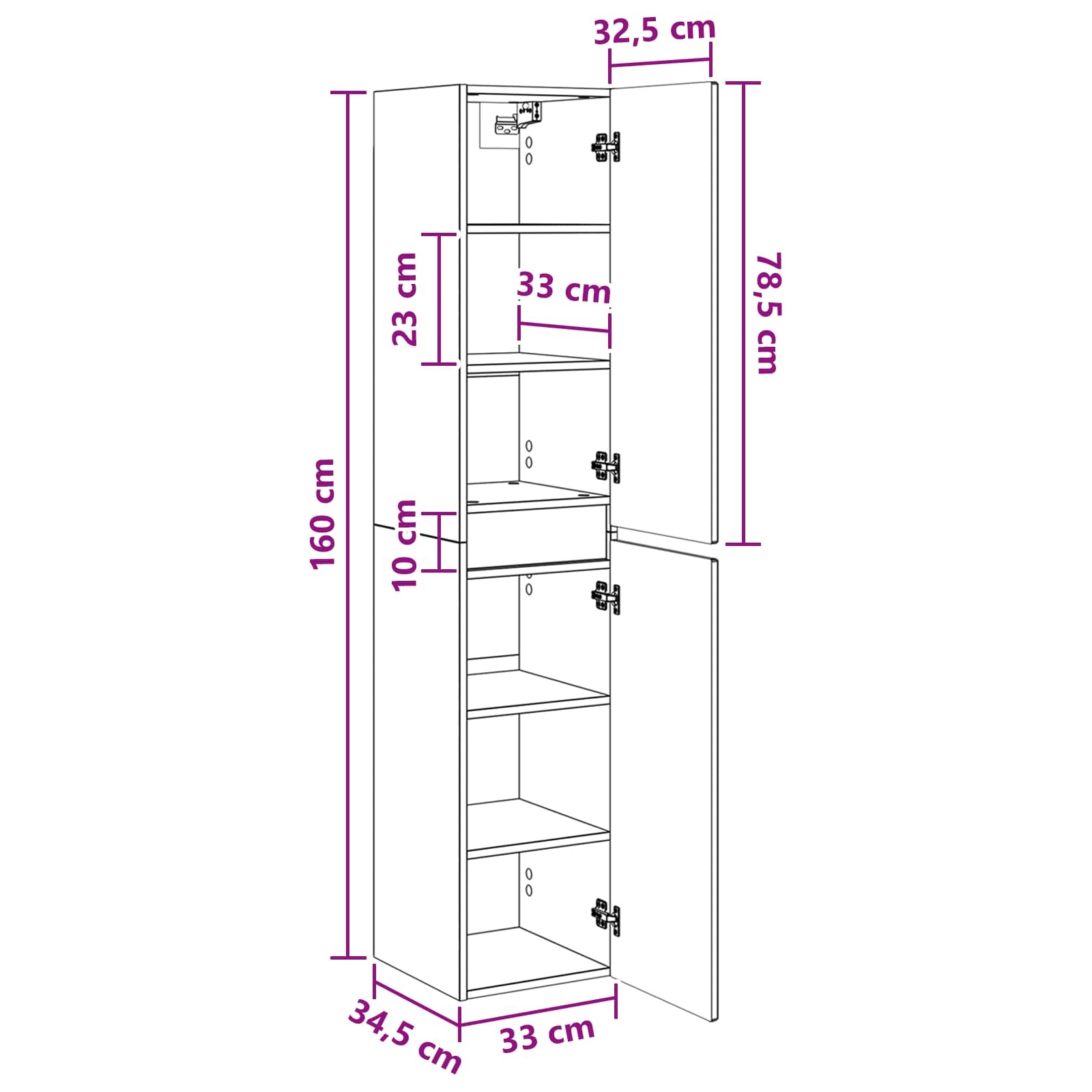 vidaXL Wand Gemonteerde Badkamerkast Sonoma Eiken 33 x 34,5 x 160 cm