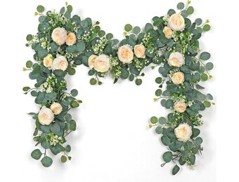 Kunstmatige Eucalyptus Slinger met Bloemen - 4m - Champagne - 30% Korting