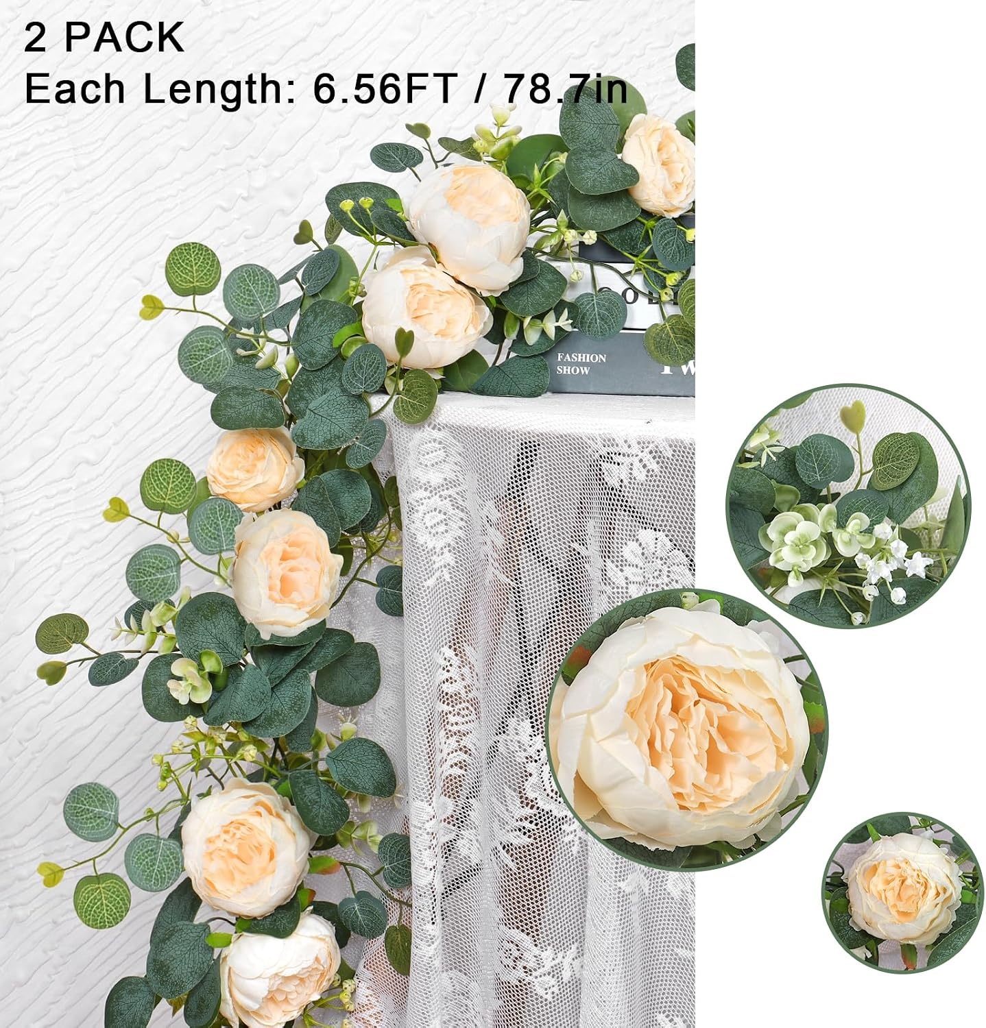 Kunstmatige Eucalyptus Slinger met Bloemen - 4m - Champagne - 30% Korting