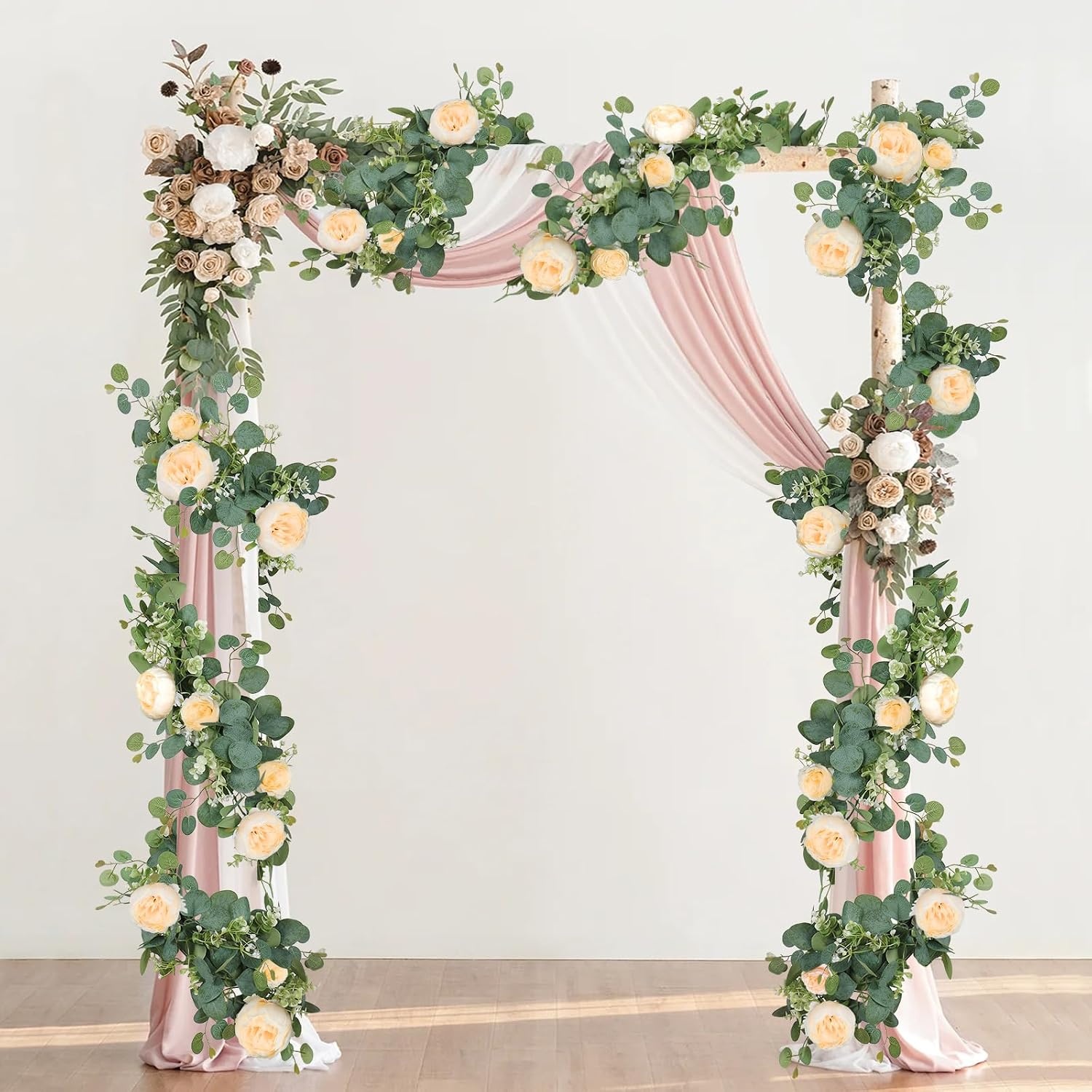 Kunstmatige Eucalyptus Slinger met Bloemen - 4m - Champagne - 30% Korting