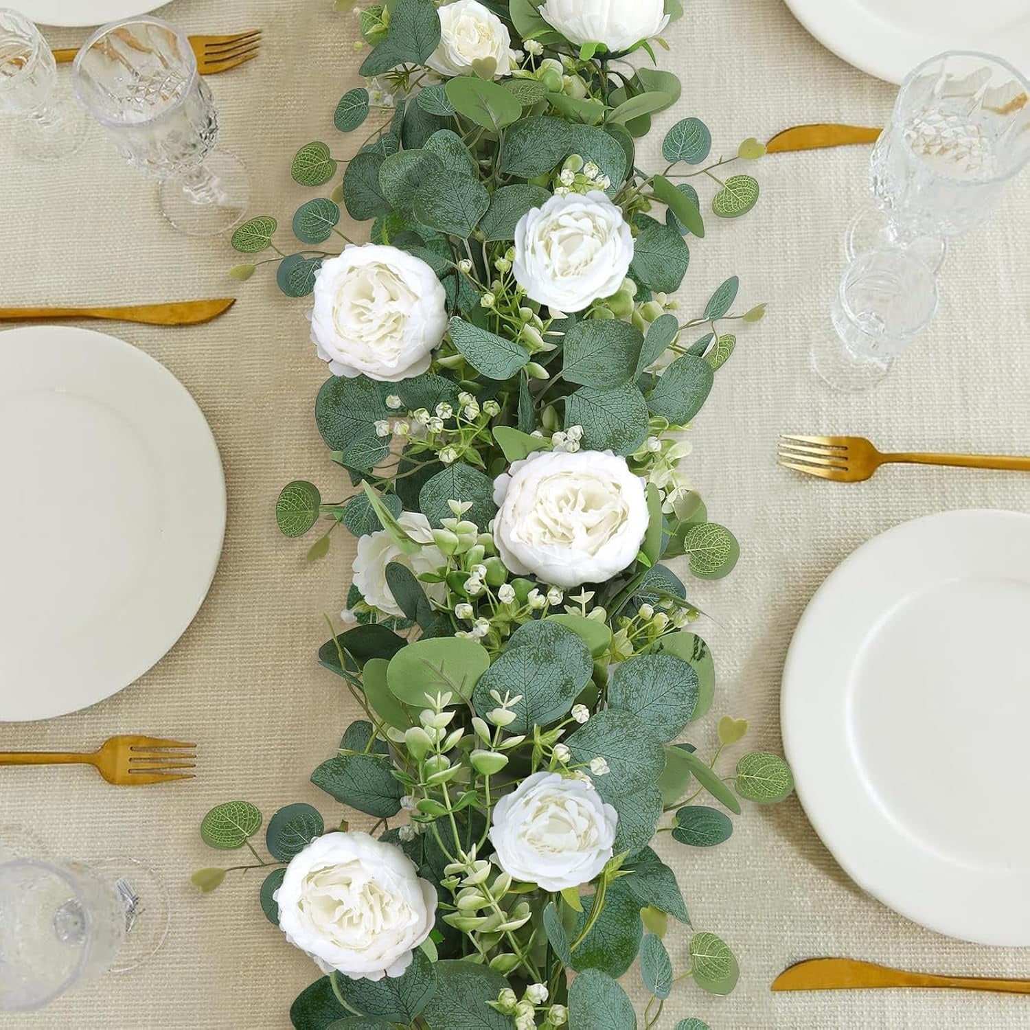 Kunstmatige Eucalyptus Slinger met Bloemen - 4m - Champagne - 30% Korting