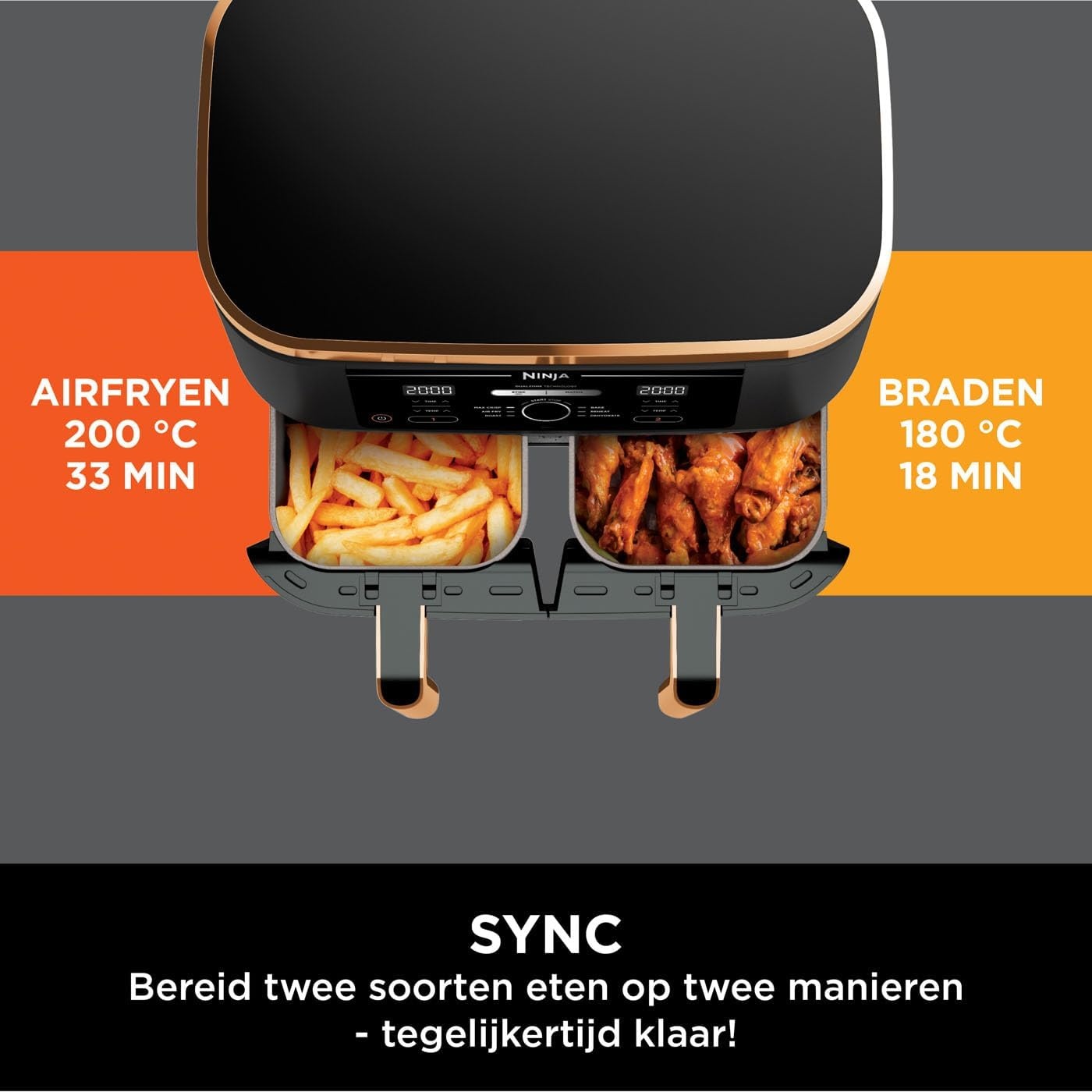 Ninja Foodi MAX Dual Zone Airfryer, Tang, 2 Laden, 9,5L, 6-in-1, Olievrij, Airfryen, Max Crisp, Braden, Bakken, Vaatwasmachinebestendige Manden, Anti-aanbaklaag, Koper/Zwart Amazon Exclusief AF400EUCP - Maat 9.5 L