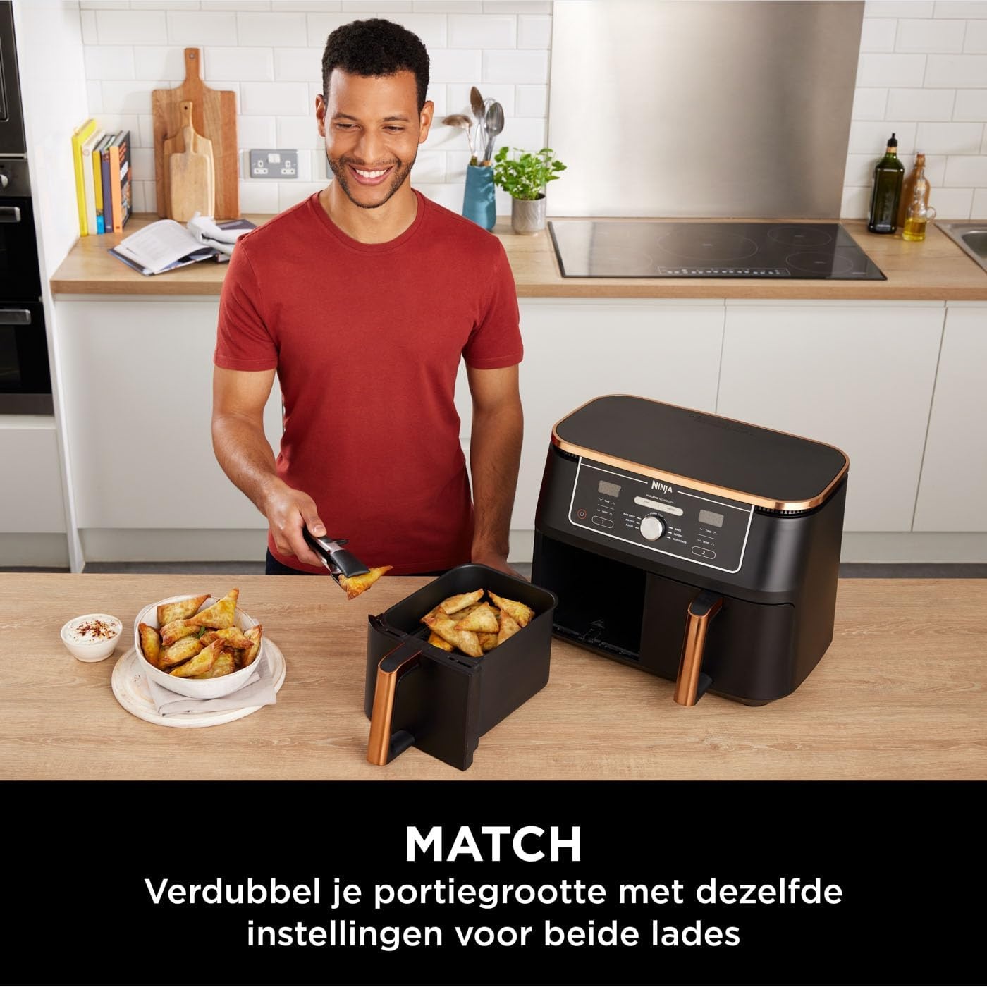 Ninja Foodi MAX Dual Zone Airfryer, Tang, 2 Laden, 9,5L, 6-in-1, Olievrij, Airfryen, Max Crisp, Braden, Bakken, Vaatwasmachinebestendige Manden, Anti-aanbaklaag, Koper/Zwart Amazon Exclusief AF400EUCP - Maat 9.5 L