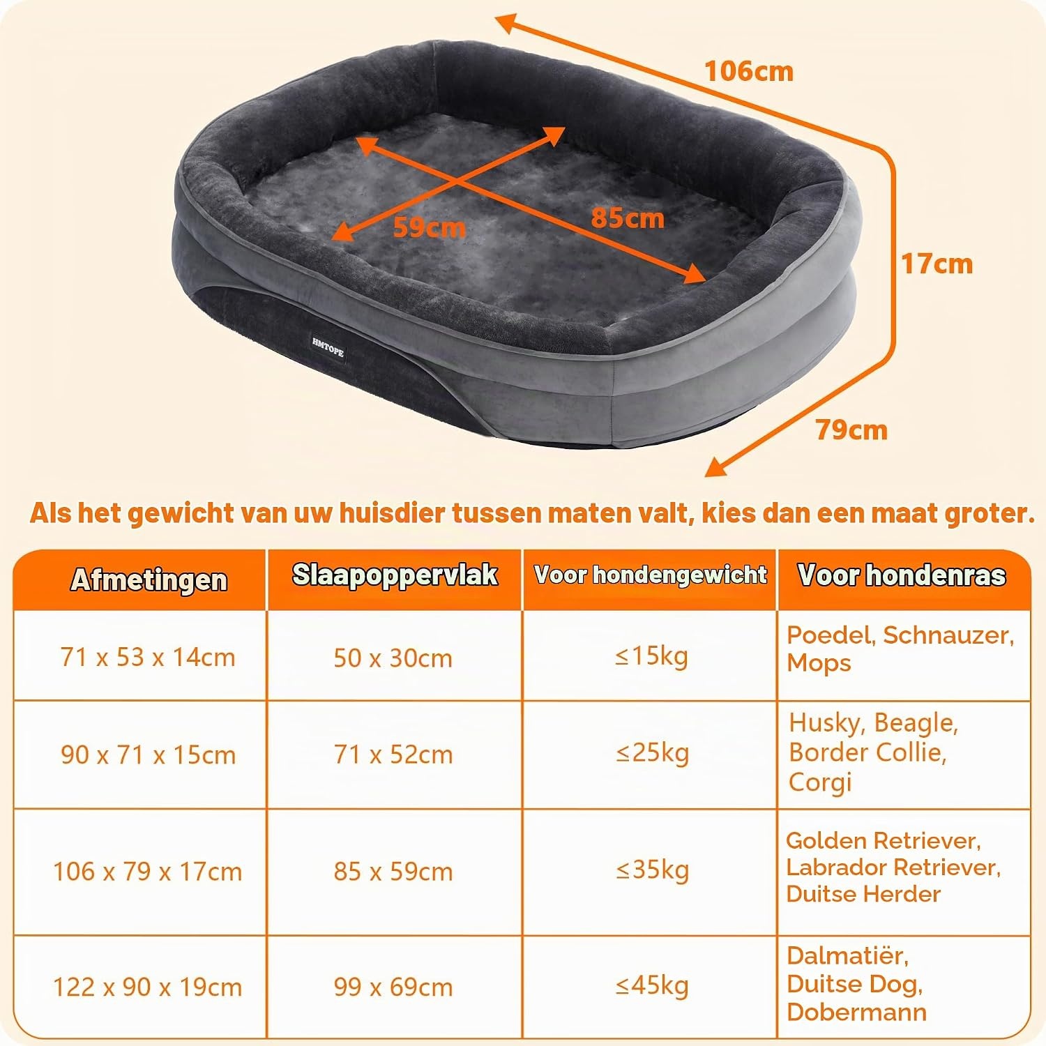 HMTOPE Orthopedisch hondenbed, hondensofa, vierzijdig nekrolkussen, antislip onderkant, hondenmand, afneembaar en wasbaar, middelgrote honden, grote honden, 106 x 79 x 17 cm, donkergrijs