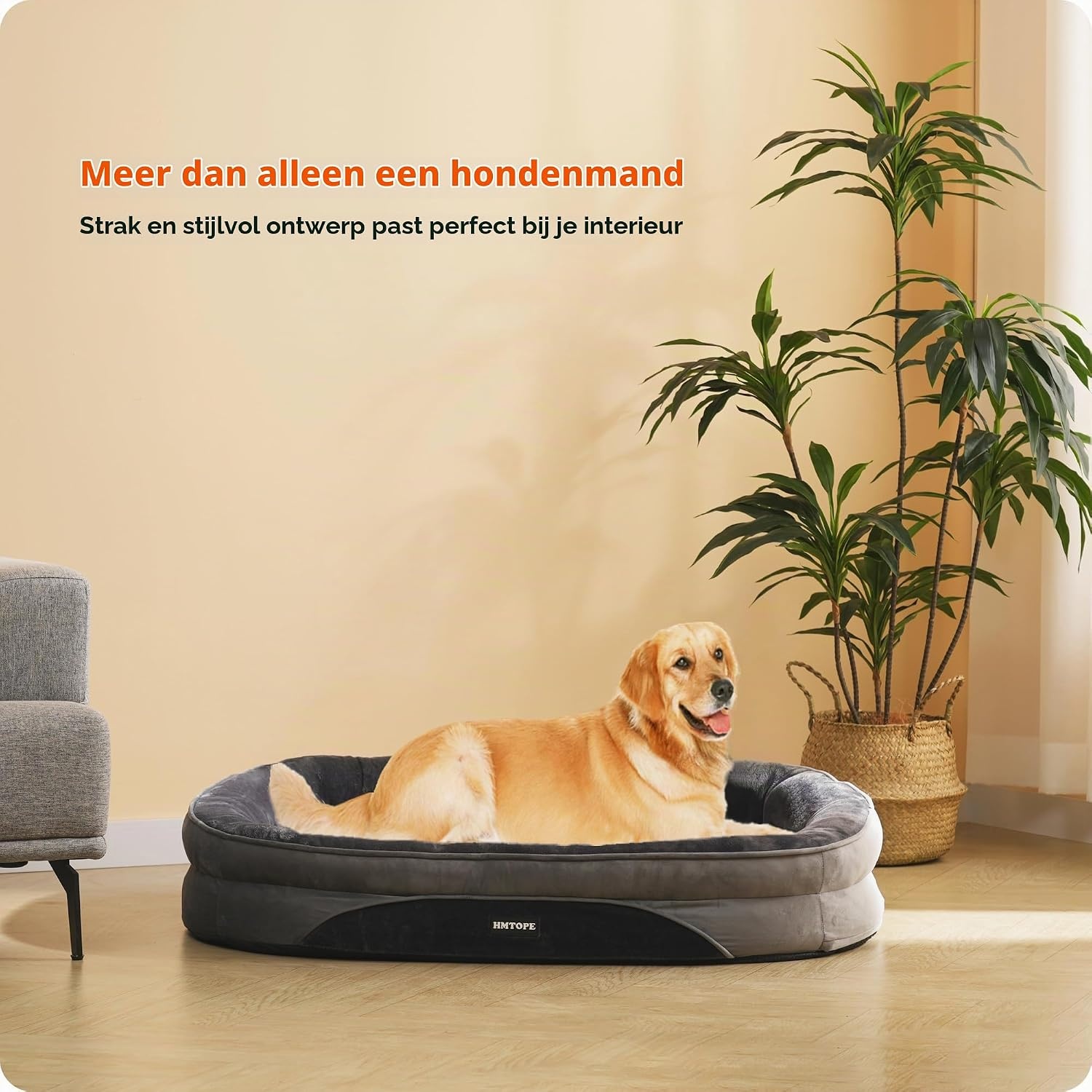 HMTOPE Orthopedisch hondenbed, hondensofa, vierzijdig nekrolkussen, antislip onderkant, hondenmand, afneembaar en wasbaar, middelgrote honden, grote honden, 106 x 79 x 17 cm, donkergrijs