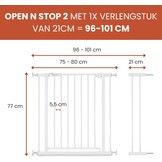 hauck Open N Stop 2 + 21 cm Verlenging, White - Veiligheidshekje & Hondenhek, 96–101 cm Verstelbaar, 77 cm Hoog, Eenhandige Opening aan Beide Kanten, Zonder Boren, Voor Binnengebruik - Maat 96-101 x 2/4 x 77 cm