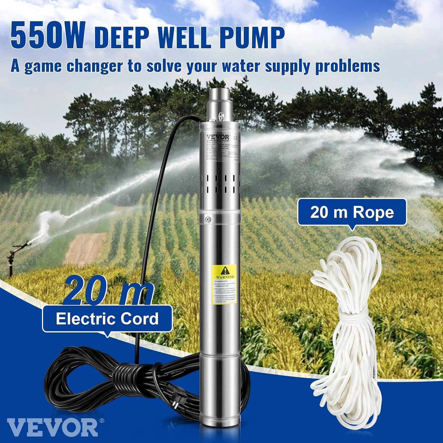 VEVOR Dompelpomp voor diepe bronnen 550W - 35 L/min - RVS - 7,6 cm diameter