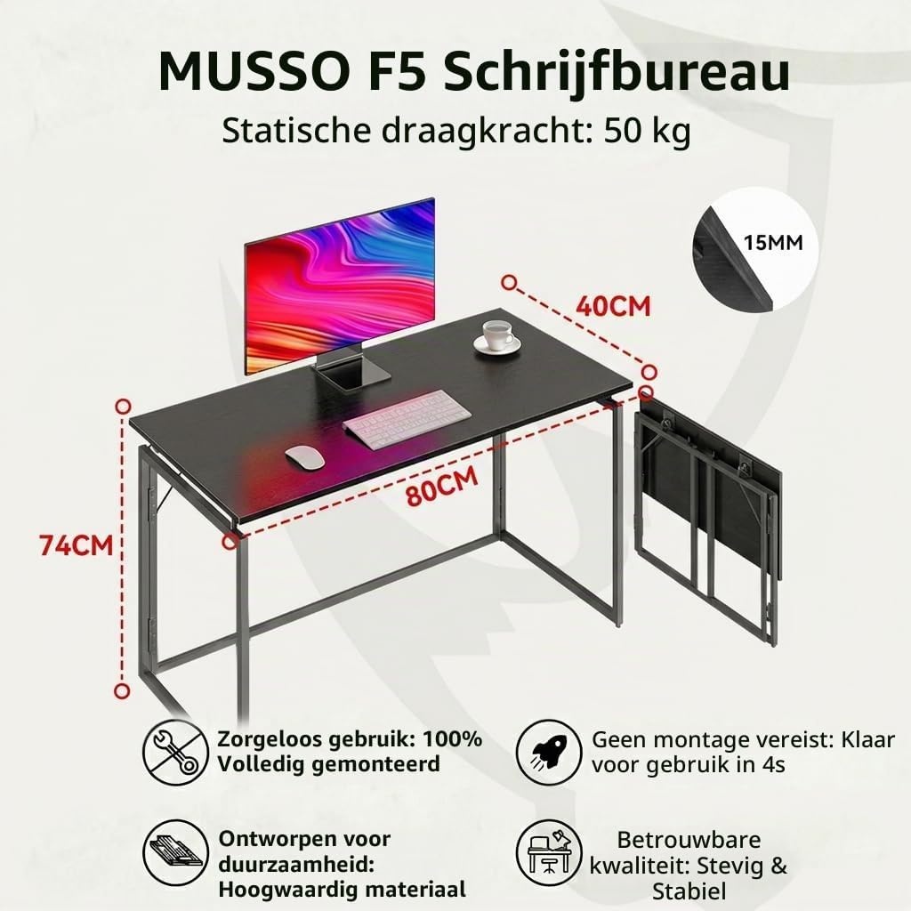 MUSSO F5 Opvouwbaar Bureau - 80 x 40 cm - Zwart - Montagevrij