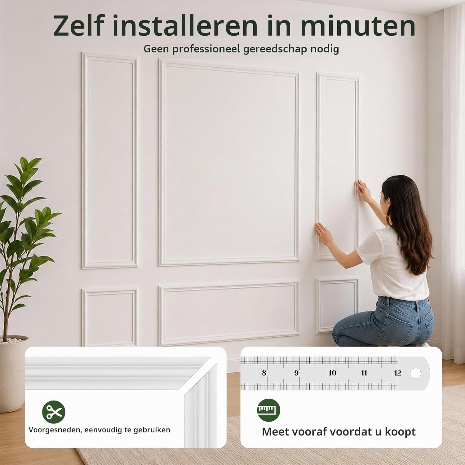 Wandlijstenset, voorgesneden, 6 stuks, decoratieve panelen, montageklaar, van piepschuim, overschilderbaar, wanddecoratie voor woonkamer en slaapkamer, montage met lijm