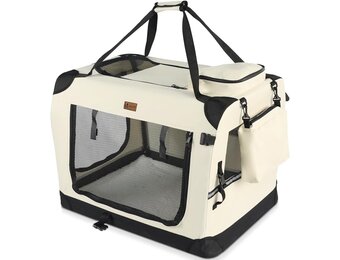 VOUNOT Opvouwbare draagtas voor honden en katten, transportbox, ademend, met afneembare pluche matras, handdraagbaar/schouderriem, ideaal voor huisdieren, XL, beige