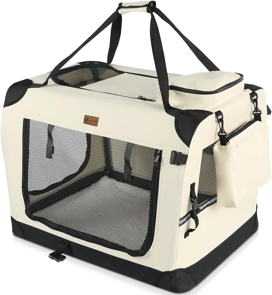 VOUNOT Opvouwbare draagtas voor honden en katten, transportbox, ademend, met afneembare pluche matras, handdraagbaar/schouderriem, ideaal voor huisdieren, XL, beige