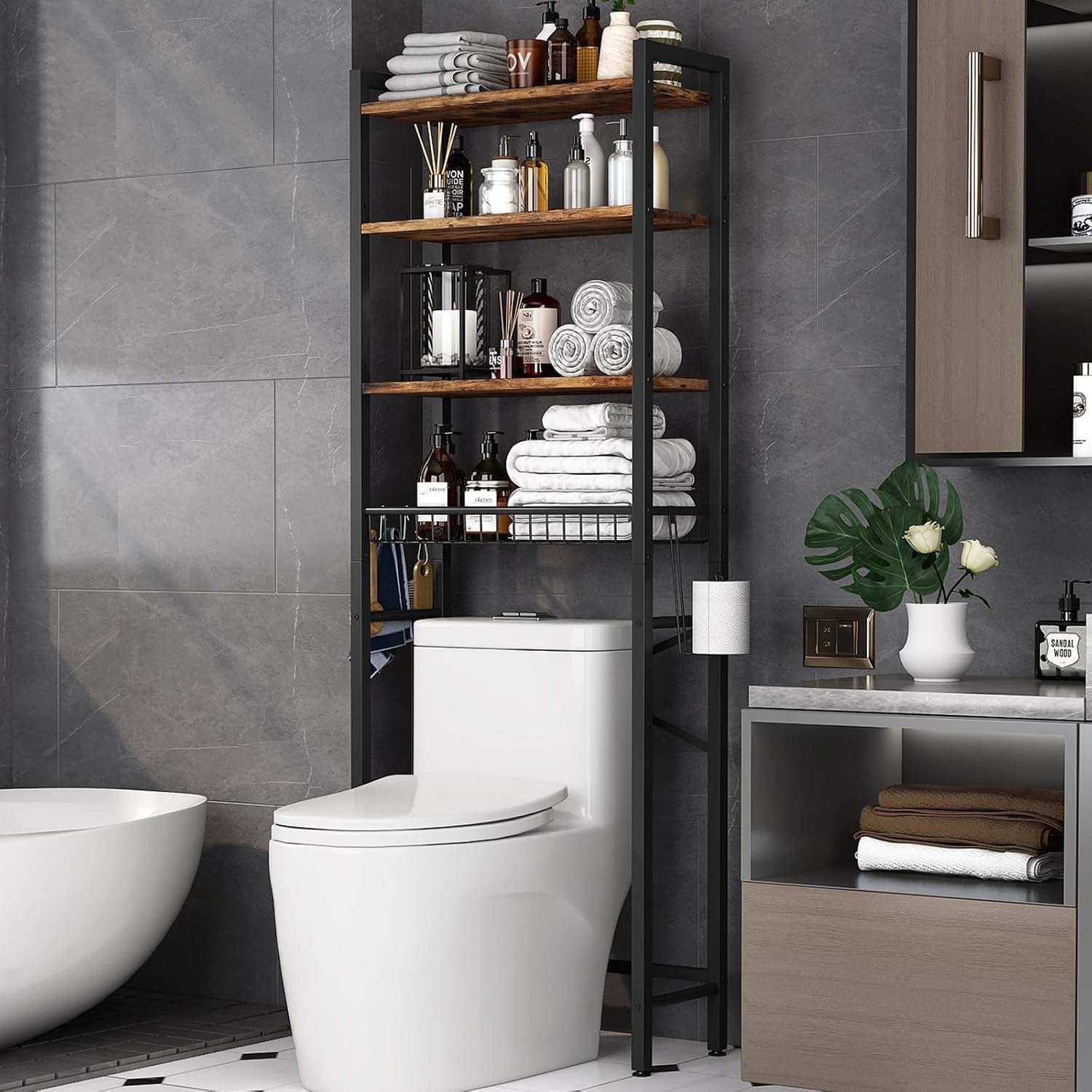 Kalrin Over-The-Toilet Opbergrek - 4 Lagen - Vintage Bruin - 60 x 24 x 173 cm