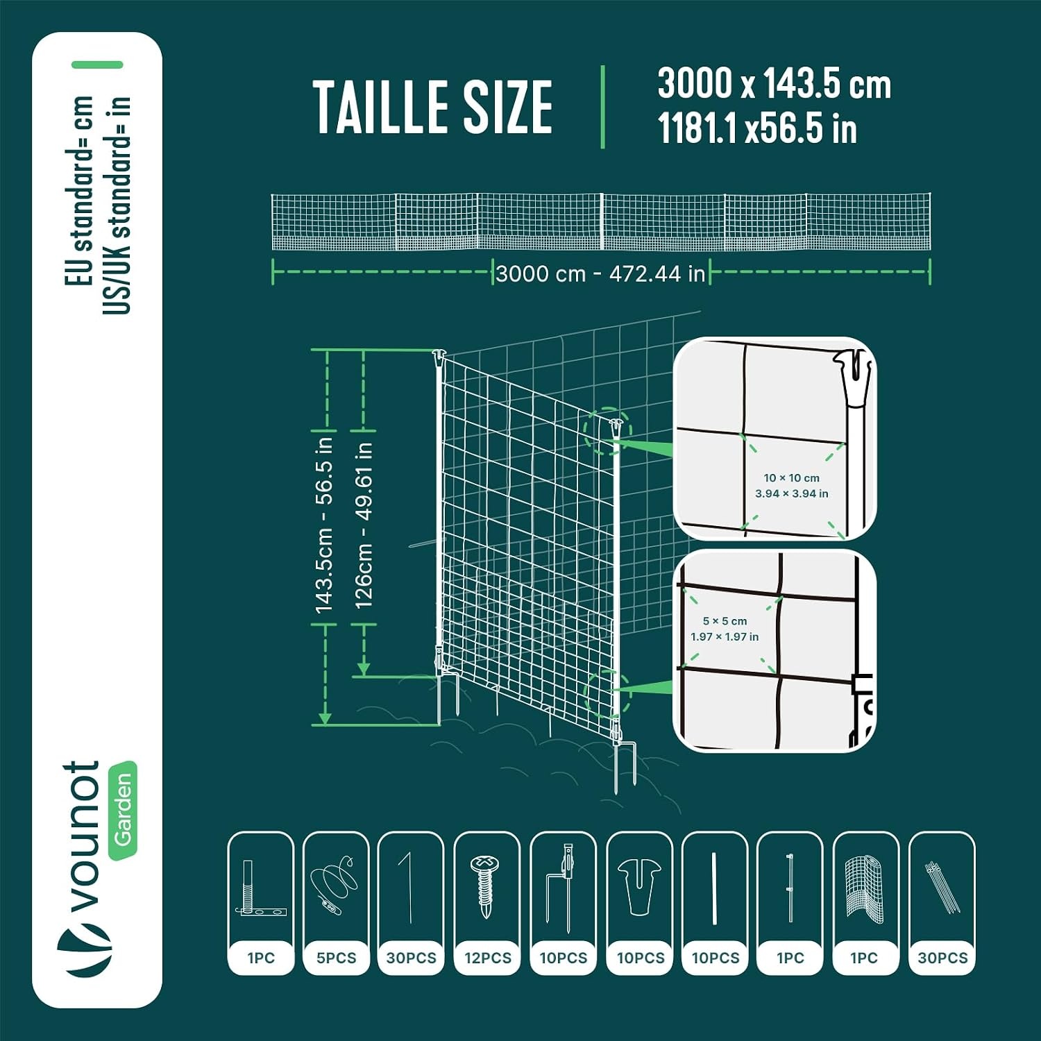 vounot Kippennetset, 30 m, van robuust PE, met toegangsdeur voor buitenverblijf hekken, gevogelte, bescherming voor kippen, eenden, palen, dubbele punten, accessoires inbegrepen - Maat 30M