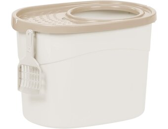 Iris Ohyama, Grote kunststof kattenbak met boveningang, inclusief schep en deksel met ventilatiegaten, L52 x D37,5 x H36,5 cm, BPA-vrij, schephouder, voor katten, TECL-20, wit/beige