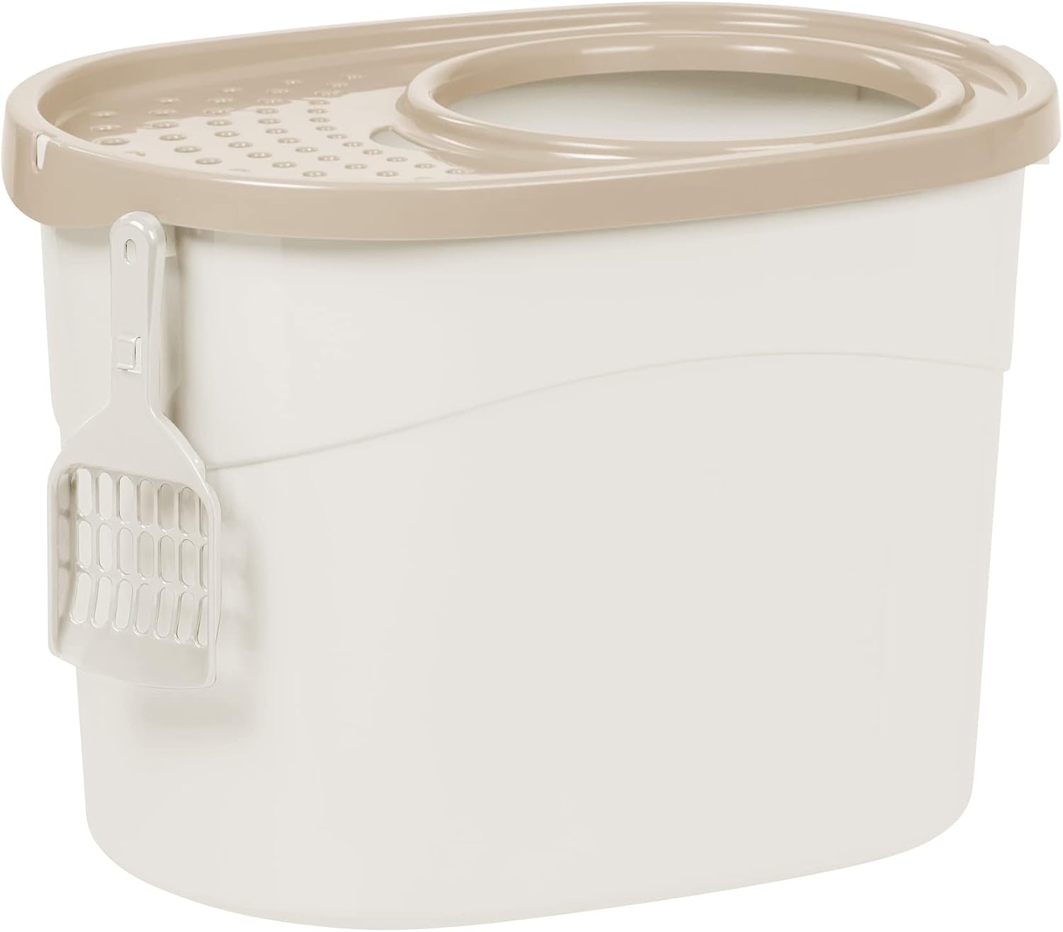 Iris Ohyama, Grote kunststof kattenbak met boveningang, inclusief schep en deksel met ventilatiegaten, L52 x D37,5 x H36,5 cm, BPA-vrij, schephouder, voor katten, TECL-20, wit/beige
