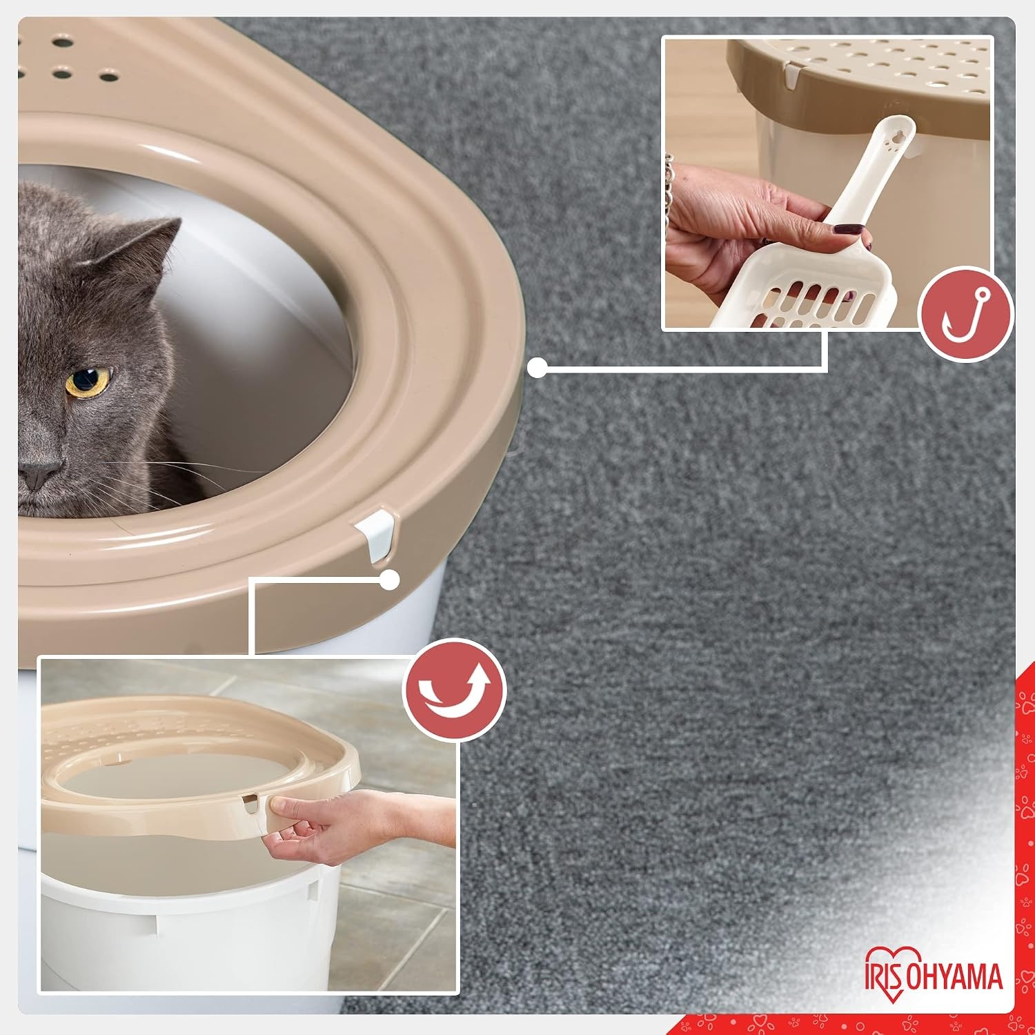 Iris Ohyama, Grote kunststof kattenbak met boveningang, inclusief schep en deksel met ventilatiegaten, L52 x D37,5 x H36,5 cm, BPA-vrij, schephouder, voor katten, TECL-20, wit/beige