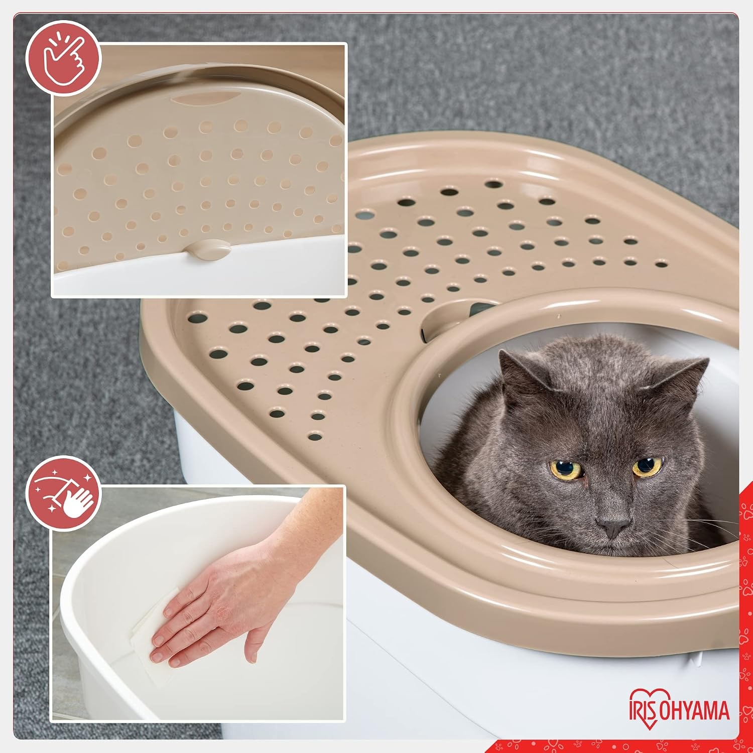 Iris Ohyama, Grote kunststof kattenbak met boveningang, inclusief schep en deksel met ventilatiegaten, L52 x D37,5 x H36,5 cm, BPA-vrij, schephouder, voor katten, TECL-20, wit/beige