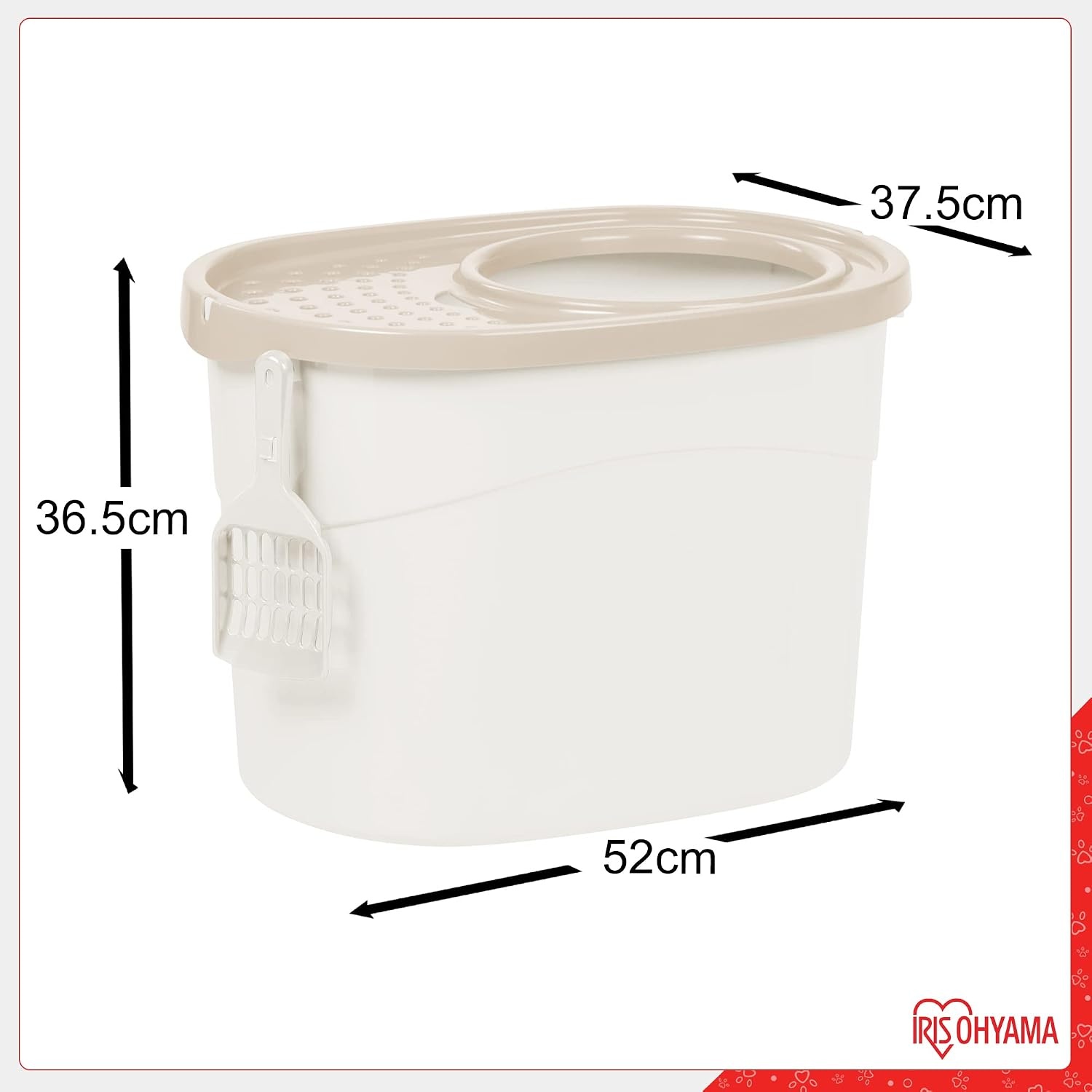 Iris Ohyama, Grote kunststof kattenbak met boveningang, inclusief schep en deksel met ventilatiegaten, L52 x D37,5 x H36,5 cm, BPA-vrij, schephouder, voor katten, TECL-20, wit/beige