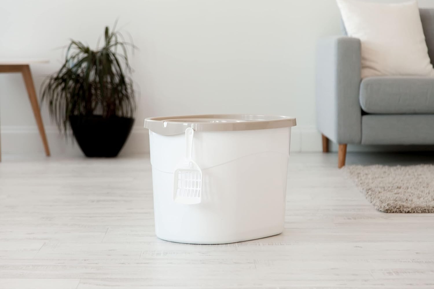 Iris Ohyama, Grote kunststof kattenbak met boveningang, inclusief schep en deksel met ventilatiegaten, L52 x D37,5 x H36,5 cm, BPA-vrij, schephouder, voor katten, TECL-20, wit/beige