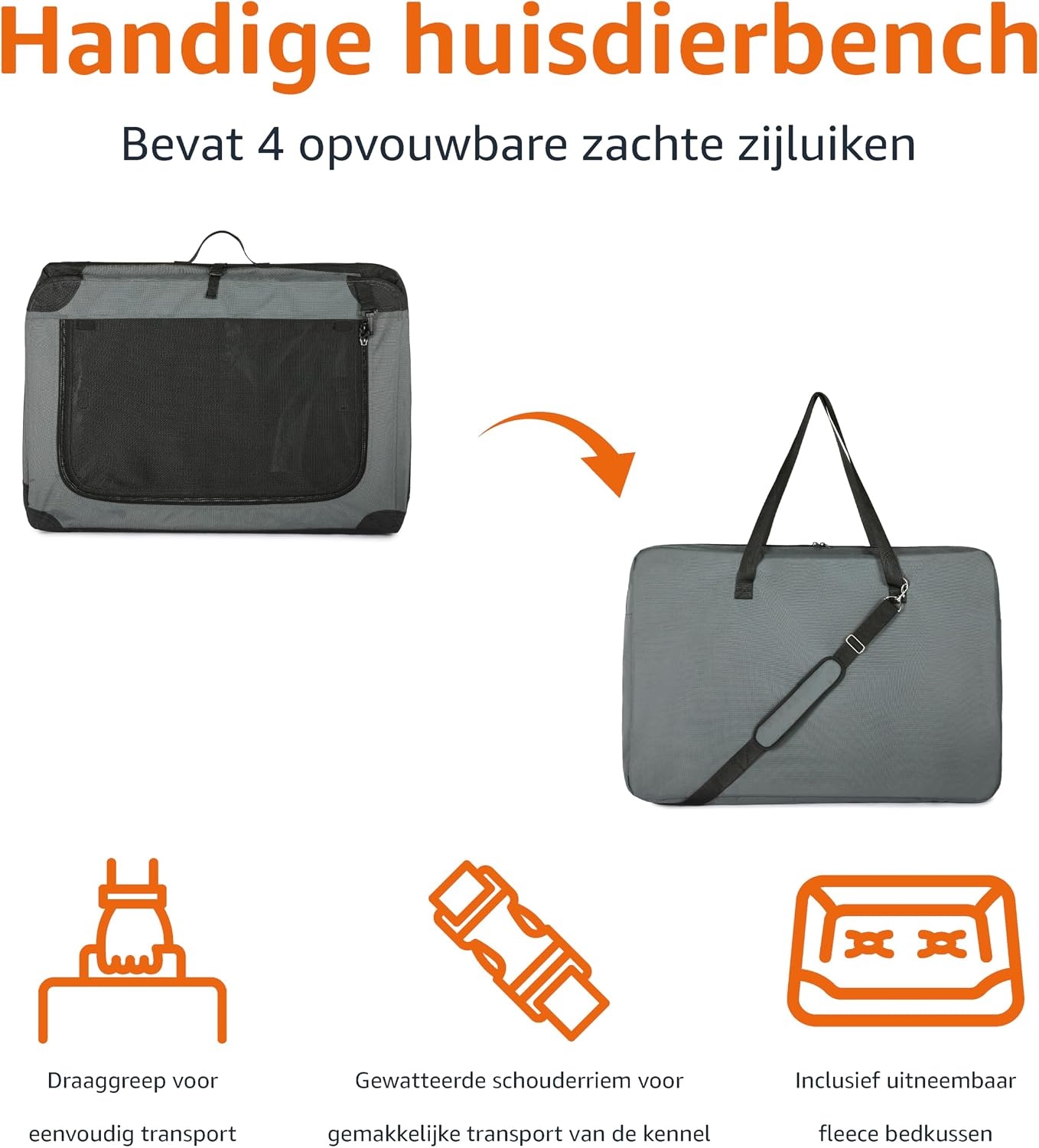 Amazon Basics Draagbare Hondenbench - Opvouwbaar - Maat L (91 x 61 x 61 cm) - Grijs