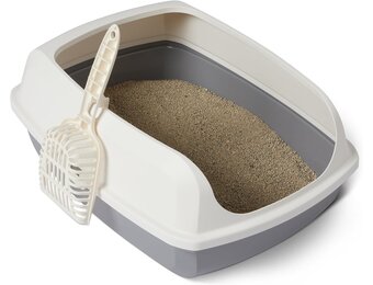 Amazon Basics Grote Open Kattenbak met Schep - Wit/Grijs - 51 x 38 x 20 cm