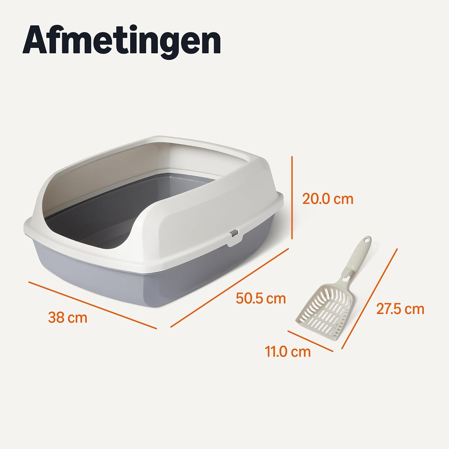 Amazon Basics Grote Open Kattenbak met Schep - Wit/Grijs - 51 x 38 x 20 cm