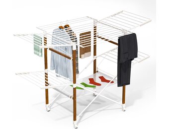 vounot Droogrek, grote capaciteit, 173 x 94 x 123 cm, uittrekbaar, opvouwbaar, met wielen en net, multifunctioneel, houtimitatie, voor binnen en buiten, wit